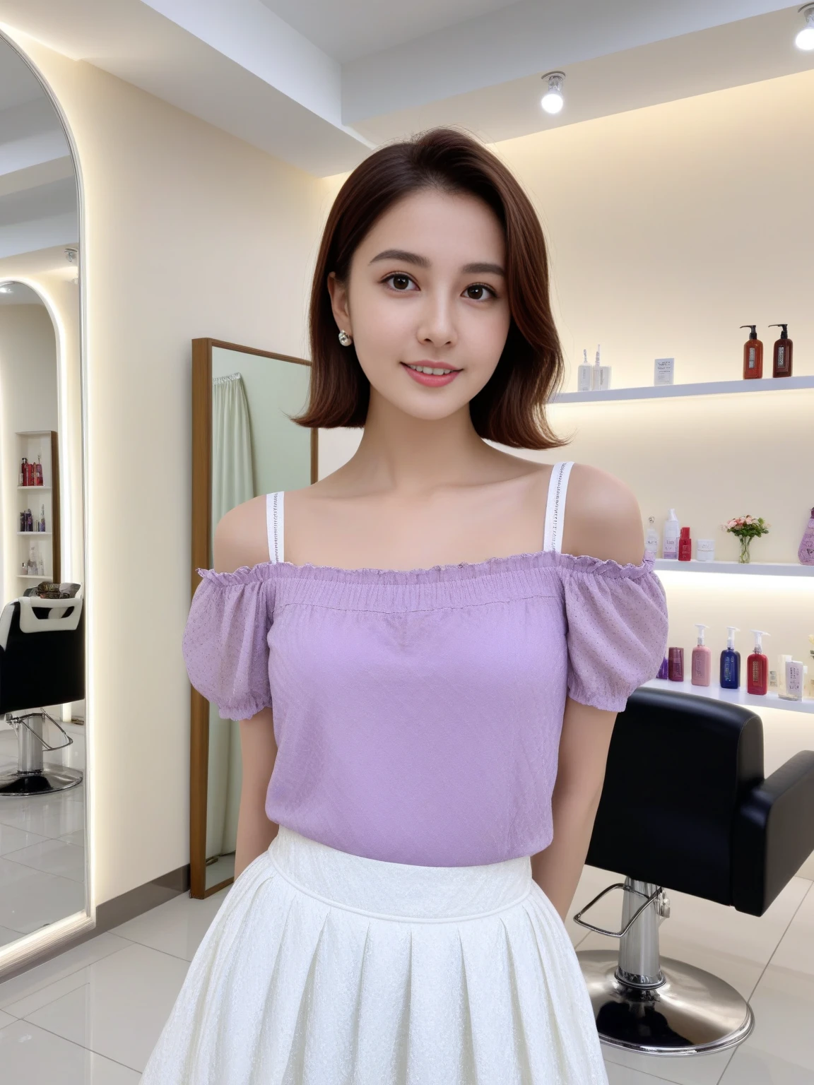 <lora:JJsHairSalon_XL:1>, ((Hair Salon)) , ((best quality)),((masterpiece)),((realistic)), indoors, mirror, reflection, chair, table, photorealistic, authentic, indoor scenery, highly detailed, stainless, ceiling light, white wall, cup,curtains, glass,,bouquet,tiles,lamp,tile floor,vase, 1girl, face, look at viewer, selfi, solo, skirt, semi full body,, closeup portrait photography, beautiful eyes, capturing emotion, personality, flattering lighting, professional, engaging, compelling composition