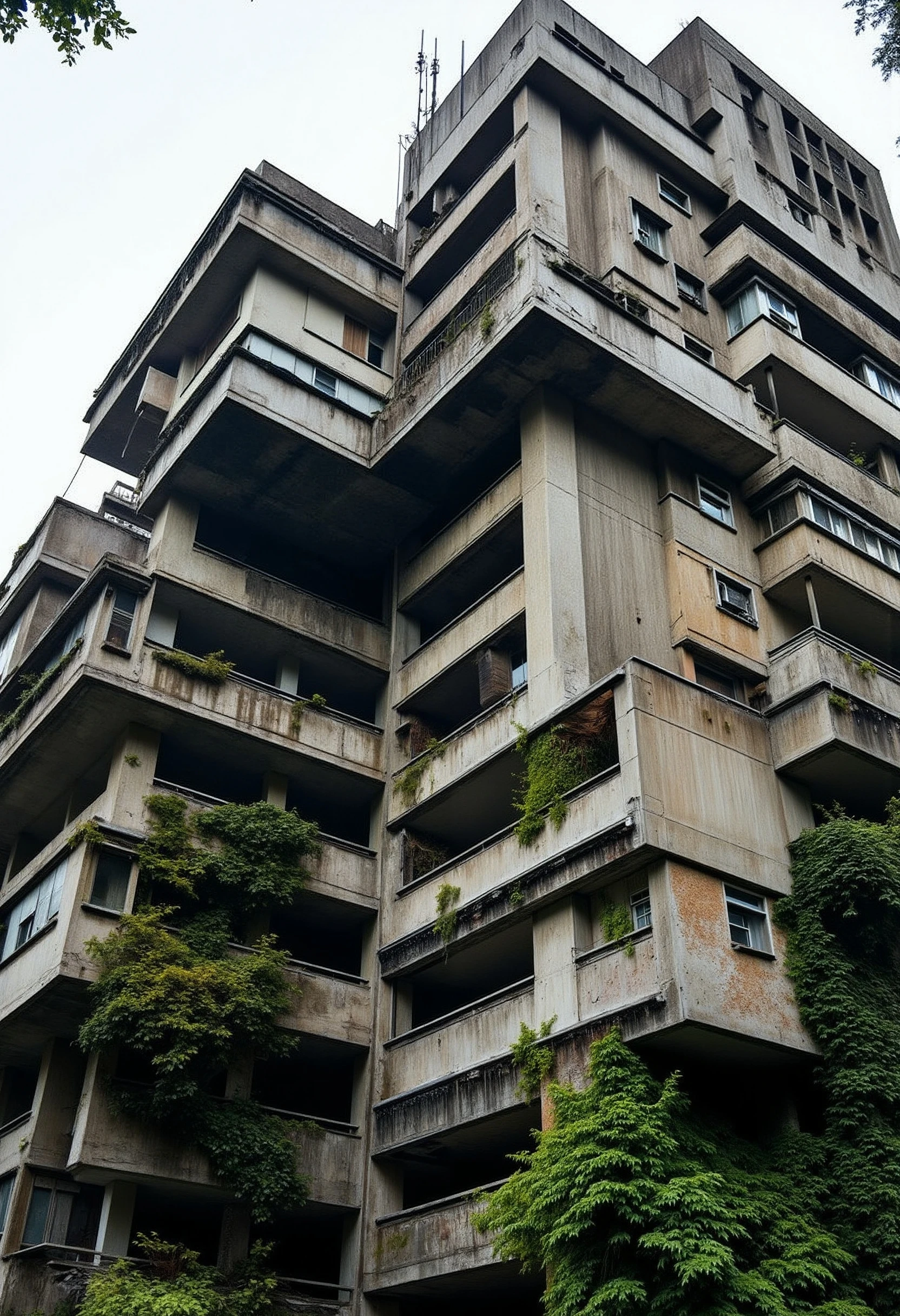A brutalist tall building lost in the jungle. Its walls are moldy and decayed, and in some places the facade has fallen. Some antennas are visible on the top of the building but they are covered by intertwining ivy.