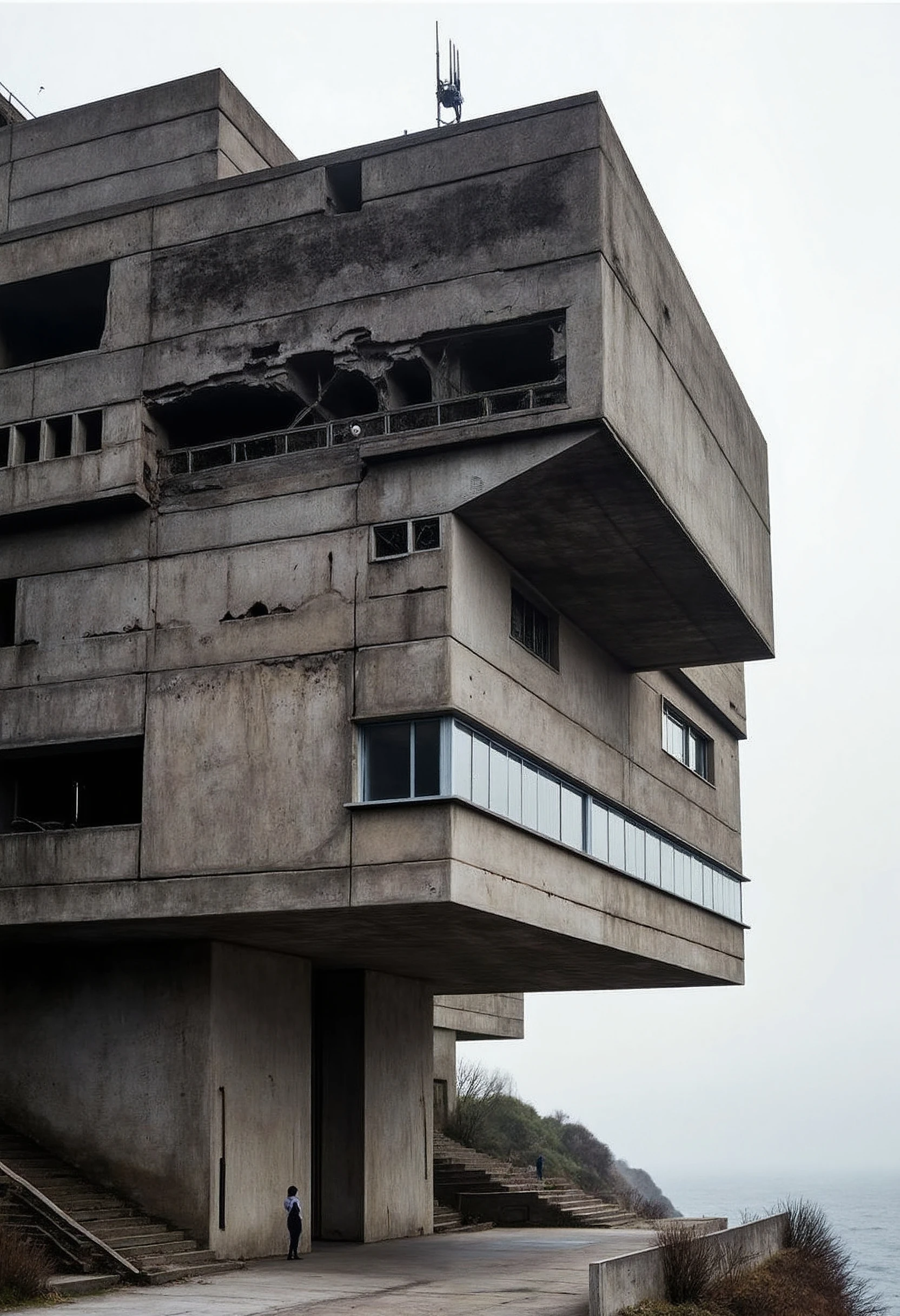 A brutalist massive building on a hill overlooking the ocean. Its walls are mouldy and decayed, and in some places the facade has fallen and chipped away. Some antennas are visible on the top of the building. The atmosphere is dark and moody. A silhouette of a woman is visible next to the building. 