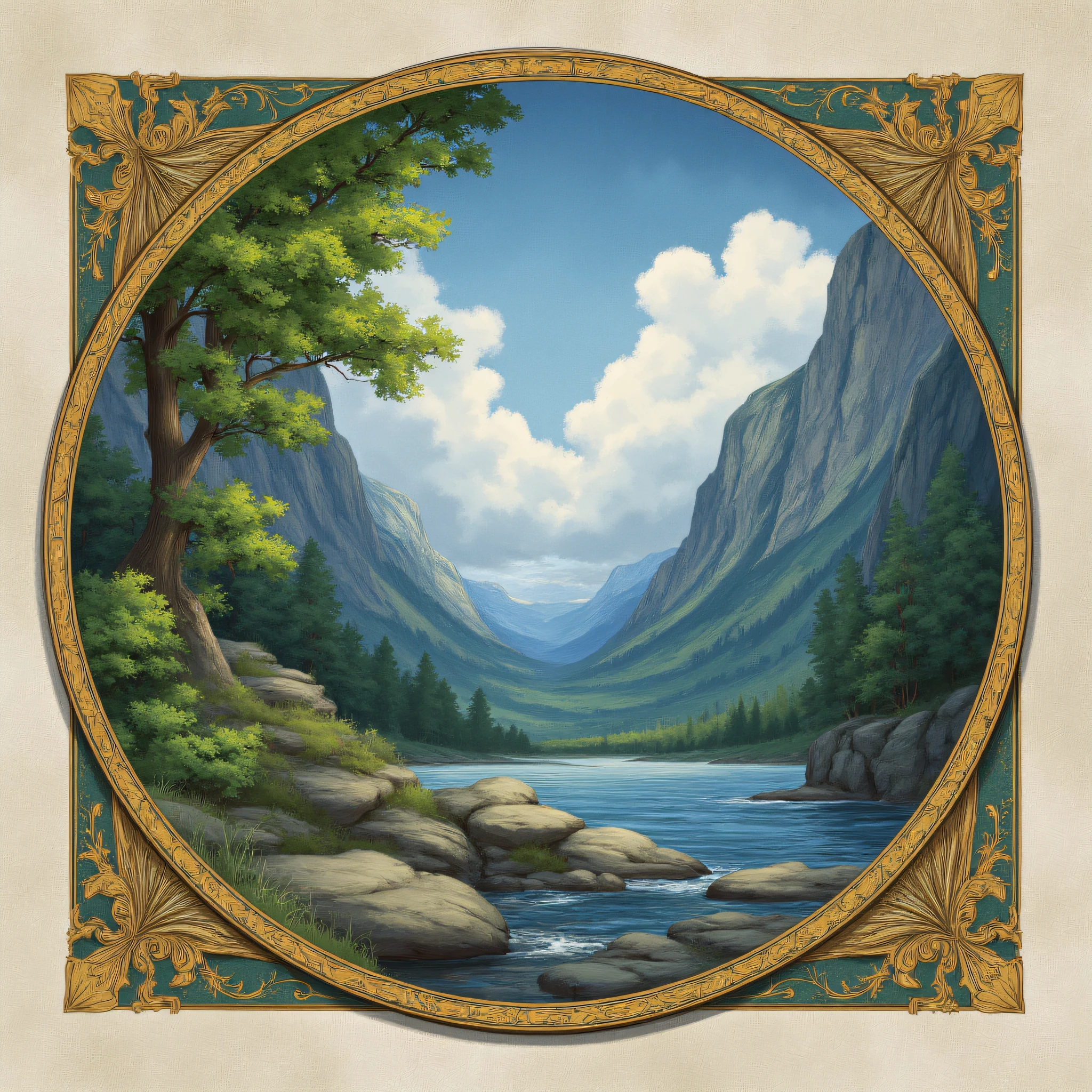 ArsMJStyle, Art Nouveau,, The image shows a painting of a landscape with trees mountains water rocks and a sky with clouds. The trees are lush and green and the mountains are majestic and imposing. The sky is a deep blue with white clouds scattered throughout. The water is a tranquil blue reflecting the sky and the trees. The rocks are jagged and rocky adding texture and depth to the painting., no humans, tree, scenery, cloud, sky, mountain, outdoors, nature, day, water
