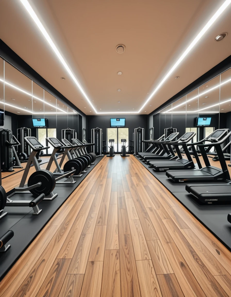 A spacious, modern gym with sleek design and floor-to-ceiling mirrors covering the walls, reflecting the equipment and ambient lighting. The room is filled with high-end fitness machines, free weights neatly arranged on racks, and polished hardwood or rubberized flooring. Bright LED strip lights run along the ceiling, providing crisp illumination that highlights the clean, minimalistic aesthetic. Motivational posters and digital screens display workout stats and routines. The gym is empty, with no people, capturing a calm, ready-for-use atmosphere in perfect symmetry.m0d3rn gym, <lora:m0d3rn_gym-i:1>, Masterpiece,best quality,hi res,8k,hi res,8k,award winning,(sharp focus, intricate, highly detailed),