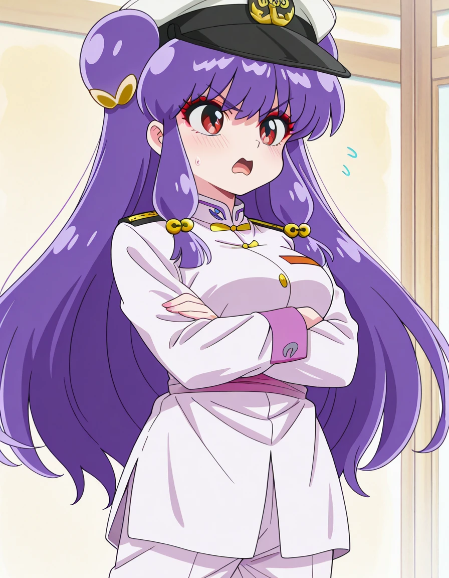 masterpiece, best quality, amazing quality,, <lora:shampoo-s1-illustriousxl-lora-nochekaiser:1>, shampoo, shampoo (ranma 1/2), long hair, hair ornament, red eyes, purple hair, hair bun, double bun, mature female, medium breasts, anime screencap, <lora:kancolle-admiral-cosplay-illustriousxl-lora-nochekaiser:1>, kancolle admiral cosplay, admiral (kancolle) (cosplay), naval uniform, cosplay, military uniform, military, peaked cap,, <lora:kung-fu-illustriousxl-lora-nochekaiser:1>, kung fu, martial arts, training, fighting stance, cowboy shot, crossed arms, embarrassed, open mouth, , ,
