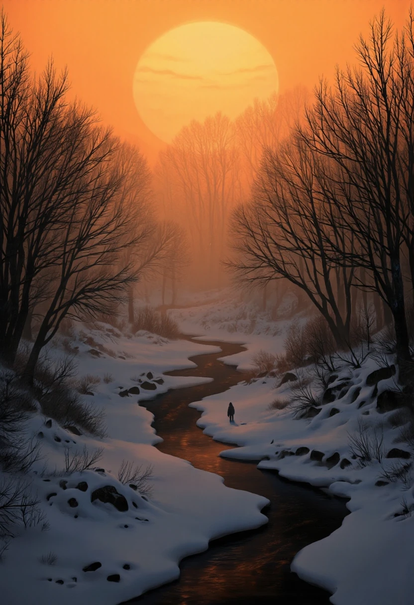 NyxBorne. A surreal and moody digital painting from a bird's eye view, depicting a snowy landscape with a river running through it. the scene is set during sunset, with a large orange sun partially obscured by the trees on either side of the river, casting a warm glow over the scene. the trees are bare, with no leaves, and the ground is covered in a thick layer of snow. on the middle of the image, a lone figure stands in the snow, looking out over the river. the figure is silhouetted against the orange sky, with the sun partially hidden behind them, creating a sense of depth and perspective. the river is narrow, winding its way through the snow-covered landscape. the overall atmosphere is one of tranquility and serenity, as if the viewer is lost in the beauty of the sunset.