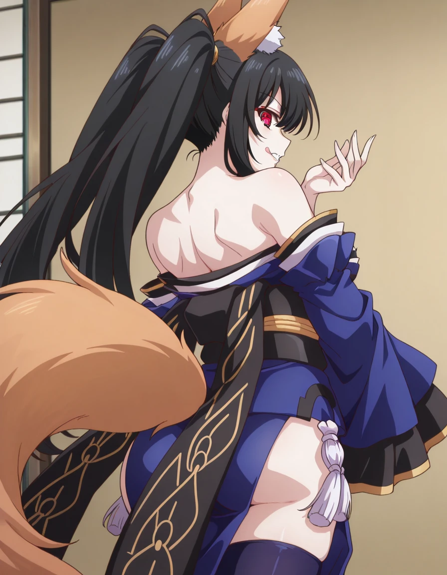 masterpiece, best quality, amazing quality,, <lora:kurumi-tokisaki-s2-illustriousxl-lora-nochekaiser:1>, kurumi tokisaki, black hair, red eyes, long hair, twintails, yellow eyes, heterochromia, mature female, medium breasts, anime screencap, <lora:tamamo-no-mae-cosplay-illustriousxl-lora-nochekaiser:1>, tamamonomaecosplay, tamamo no mae (cosplay), animal ears, bare shoulders, blue kimono, blue thighhighs, detached sleeves, fox ears, fox tail, japanese clothes, kimono, obi, sash, collarbone, thighhighs, wide sleeves,, <lora:dio-brandos-pose-illustriousxl-lora-nochekaiser:1>, dio brandos pose, dio brando's pose (jojo), back, ass, from behind, jojo pose, standing, cowboy shot,, tongue_out,:p,grin, , , ,