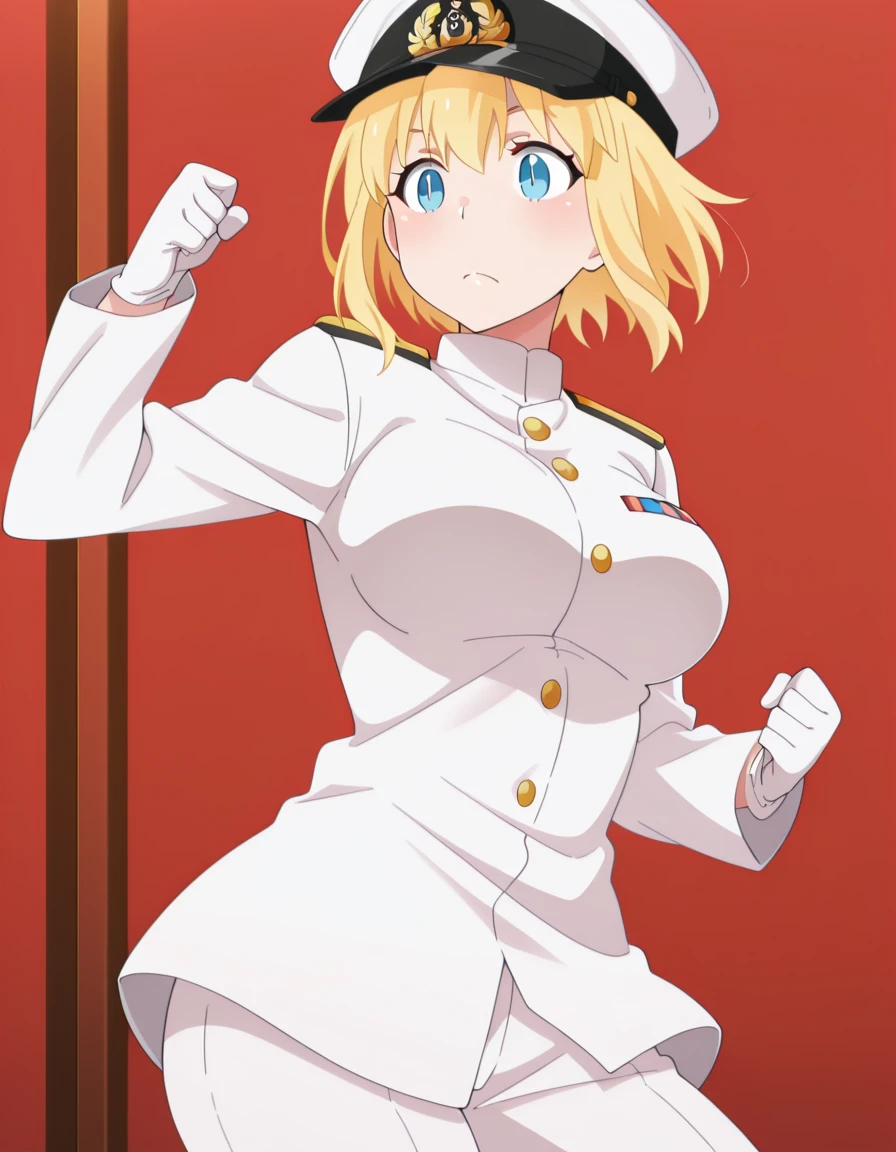 masterpiece, best quality, amazing quality,, <lora:fireforce-iris-s1s2-illustriousxl-lora-nochekaiser:1>, iris, short hair, blonde hair, blue eyes, mature female, breasts, anime screencap, <lora:kancolle-admiral-cosplay-illustriousxl-lora-nochekaiser:1>, kancolle admiral cosplay, admiral (kancolle) (cosplay), naval uniform, cosplay, military uniform, military, peaked cap,, <lora:dynamic-pose-illustriousxl-lora-nochekaiser:1>, dynamic pose, kicking, cowboy shot, slit_pupils, , , ,
