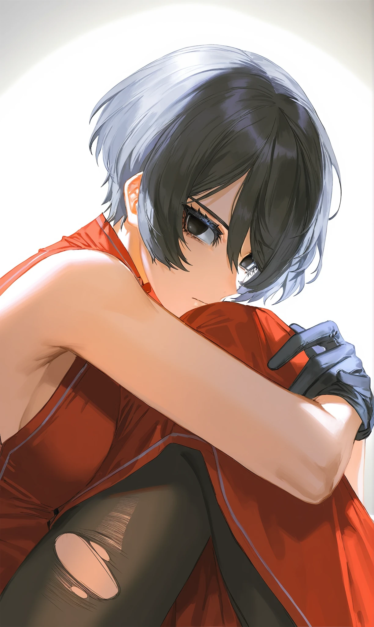 masterpiece,best quality,ame cg,perfect lighting,artist: quasarcake,
from side,hugging legs,torn pantyhose,lying,pov,soles,female,close-up,
kurotsuchii,1girl,solo,looking at viewer,no pupils,
short hair,china dress,side slit,single sleeve,long sleeve,bare shoulder,black gloves,
simple background,