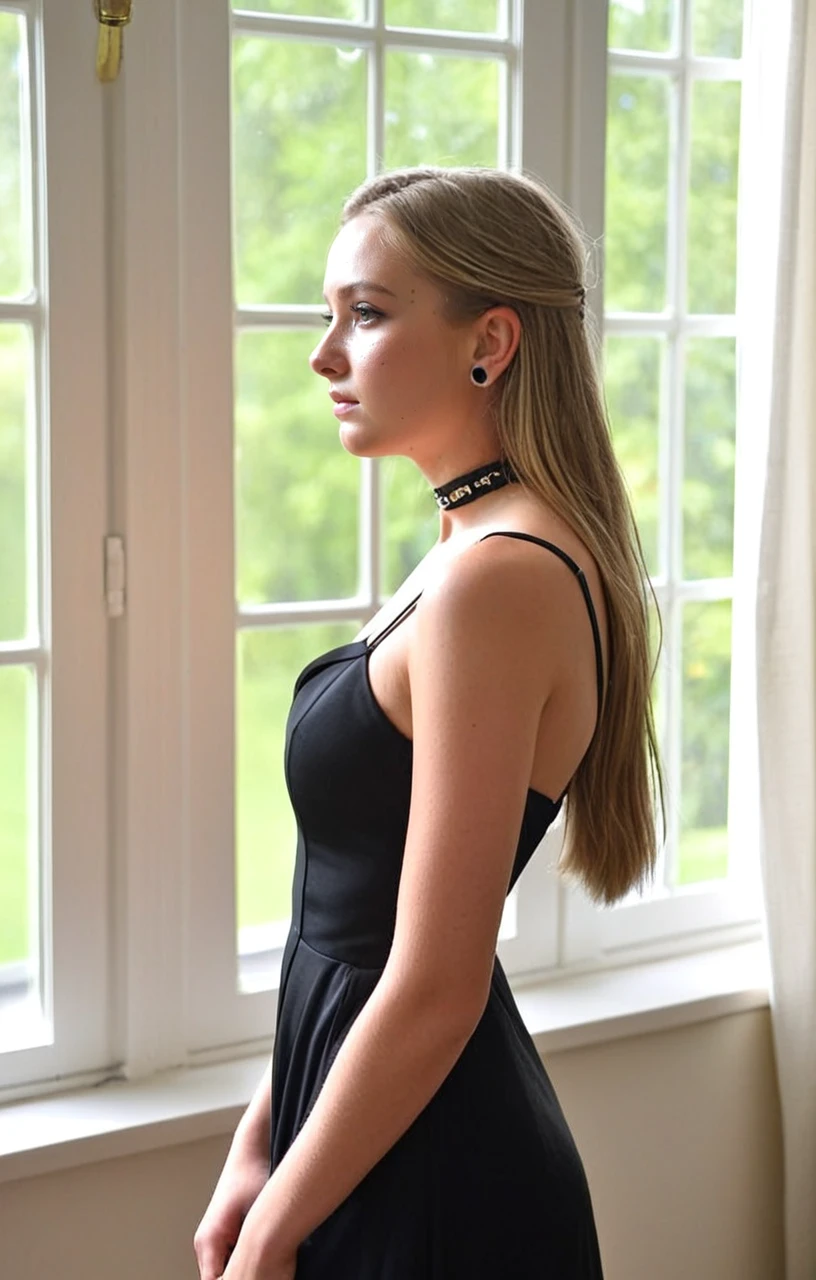 1girl, 20 years old, swedish woman), very pretty, cute face, detailed dark blond hair, long hair, elegant hair style, hot atmosphere, dreamy light, perfect skin, slight freckles, wearing a black dress, choker, evening gown, standing in front of a window, looking away, dramatic lighting, center view, alluring. <lora:ears_tunnels:0.8> UZ_ears_tunnels, ears tunnels,