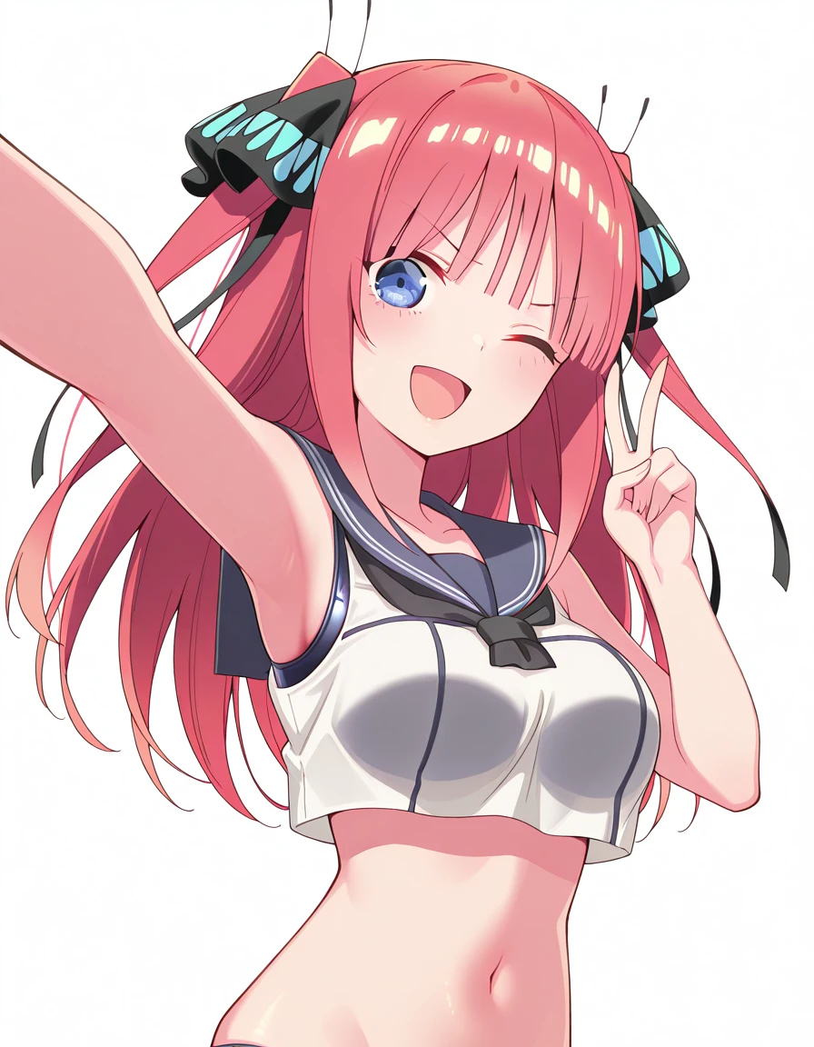 masterpiece, best quality, amazing quality,, <lora:nino-nakano-s2-illustriousxl-lora-nochekaiser:1>, nino nakano, long hair, bangs, blue eyes, hair ornament, hair ribbon, pink hair, blunt bangs, two side up, butterfly hair ornament, large breasts, animes screencap, <lora:kancolle-ro-500-cosplay-illustriousxl-lora-nochekaiser:1>, kancolle ro-500 cosplay, ro-500 (kancolle) (cosplay), swimsuit, under clothes, cosplay, one-piece swimsuit, sailor collar, swimsuit, crop top,, <lora:selfie-illustriousxl-lora-nochekaiser:1>, selfie, arm up, foreshortening, looking at viewer, outstretched arm, v, hand up, reaching, reaching towards viewer, smile, beach, navel, swimsuit, string bikini, one eye closed, open mouth,, serious, , <lora:transparent-background-illustriousxl-lora-nochekaiser:1>, transparent background, simple background, white background, ,