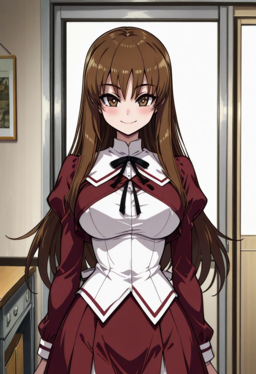 masterpiece, best quality, smile, looking at viewer, narrow waist,    aki sora, anime screenshot,   large breasts, long hair, brown hair female, school uniform, skirt  ,anime screenshot, ,    <lora:AkiSoraYumenoNaka_IXL:1.0>,  <lora:CitronKuroStyle_IXL:1.0>,
