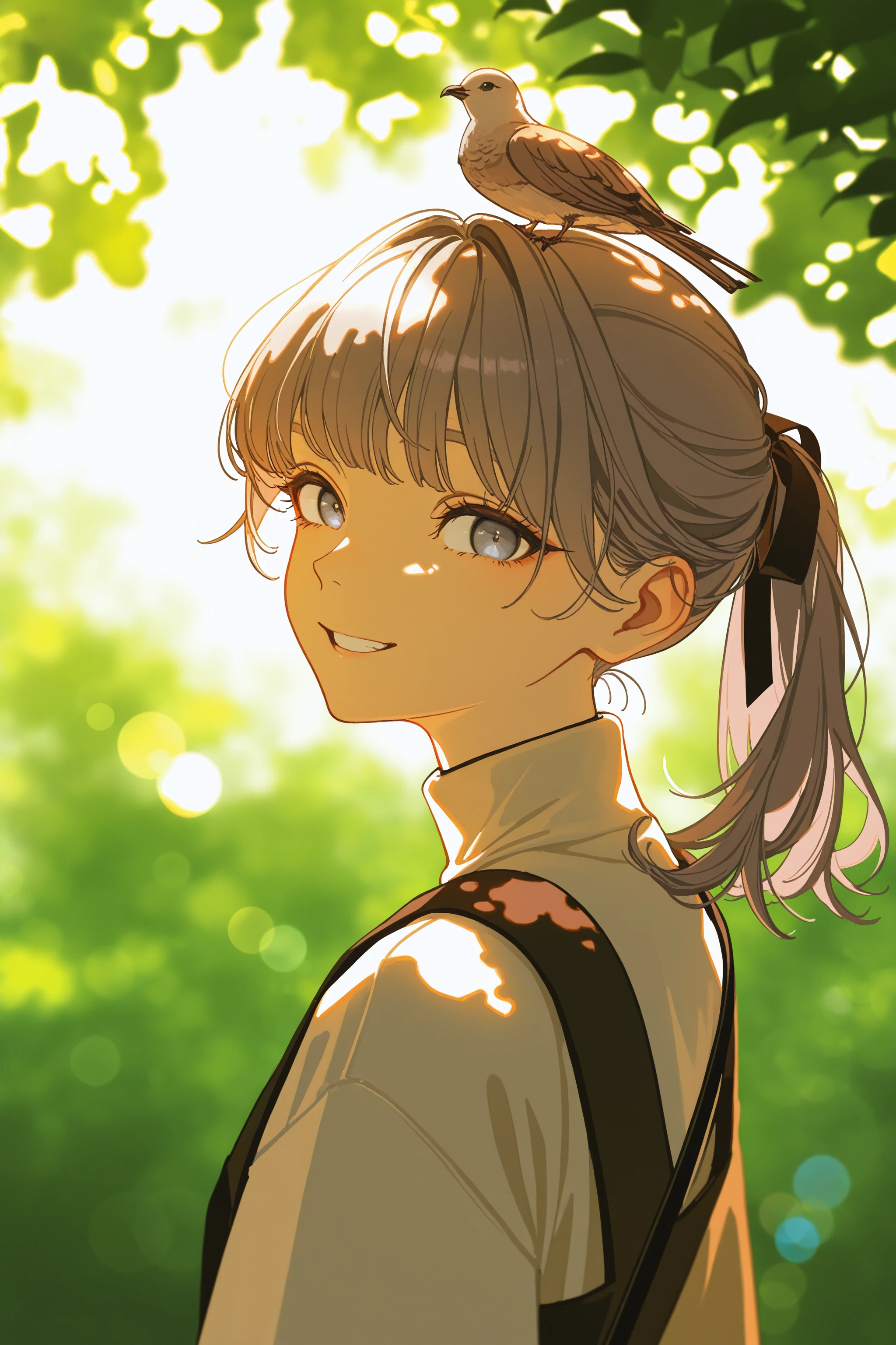masterpiece, best quality, absurdres, safe
1girl, lapwing, grey hair, grey eyes, ponytail, hair ribbon,
pinafore dress, strap, turtleneck
bird, bird on head,
dappled sunlight, looking at viewer, looking back,
smile, backlighting, lens flare,
yoneyama mai,
johnkafka,
<lora:lapwing_il_2_d16:1>
