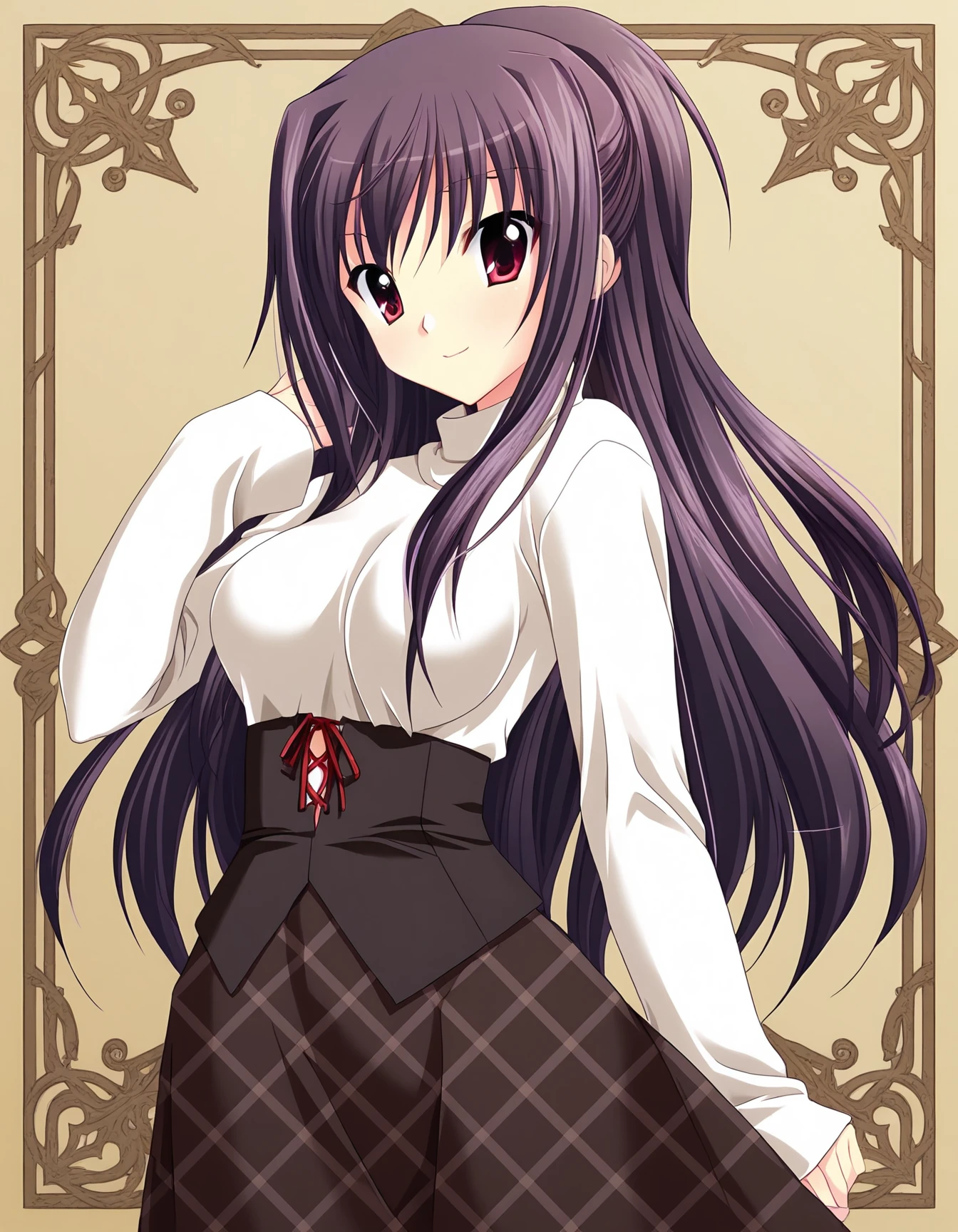 masterpiece, best quality, amazing quality, ultra detail, good , good hand,
BREAK <lora:takasu-miyabi Prima Stella (Atelier Kaguya)-illustrious:0.9> miyabi, purple hair, long hair, half updo, red eyes, ,
BREAK outfit02, sweater, white sweater, turtleneck sweater, long sleeves, sleeve past wrist, corset, black, lace-up corset, skirt, dark brown skirt, long skirt, argyle plaid skirt,