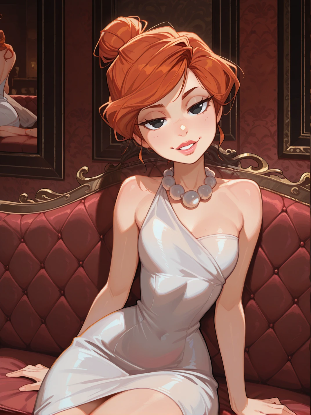 highres, hi res, best quality, masterpiece,
1girl, (WilmaXL:1), orange hair, hair bun, black eyes, dot eyes, necklace, single bare shoulders, white dress, makeup, parted lips, jewelry, pearl necklace, 
elegant room, on couch, dynamic pose, cowboy shot, looking at viewer, detailed background, naughty face, sexy pose, dutch angle, sitting, hands at side, from above, from side, head tilt
<lora:AWilmaFlintstone_character-12:0.75>, narrow waist, wide hips,, <lora:frostbitev2_Illu_dwnsty:1>, frostbite,