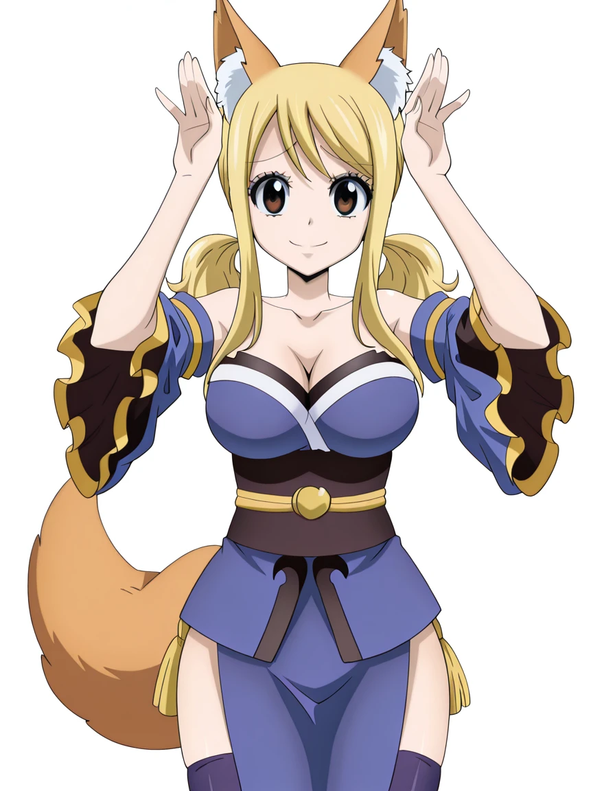 masterpiece, best quality, amazing quality,, <lora:lucy-heartfilia-s1s3s7-illustriousxl-lora-nochekaiser:1>, lucy heartfilia, twintails, low-tied twintails, long hair, blonde hair, brown eyes, mature female, breasts, anime screencap, <lora:tamamo-no-mae-cosplay-illustriousxl-lora-nochekaiser:1>, tamamonomaecosplay, tamamo no mae (cosplay), animal ears, bare shoulders, blue kimono, blue thighhighs, detached sleeves, fox ears, fox tail, japanese clothes, kimono, obi, sash, collarbone, thighhighs, wide sleeves,, <lora:rabbit-pose-illustriousxl-lora-nochekaiser:1>, rabbit pose, hands up, looking at viewer, smile, cowboy shot,, determined,furrowed_brow,serious, , <lora:transparent-background-illustriousxl-lora-nochekaiser:1>, transparent background, simple background, white background, ,