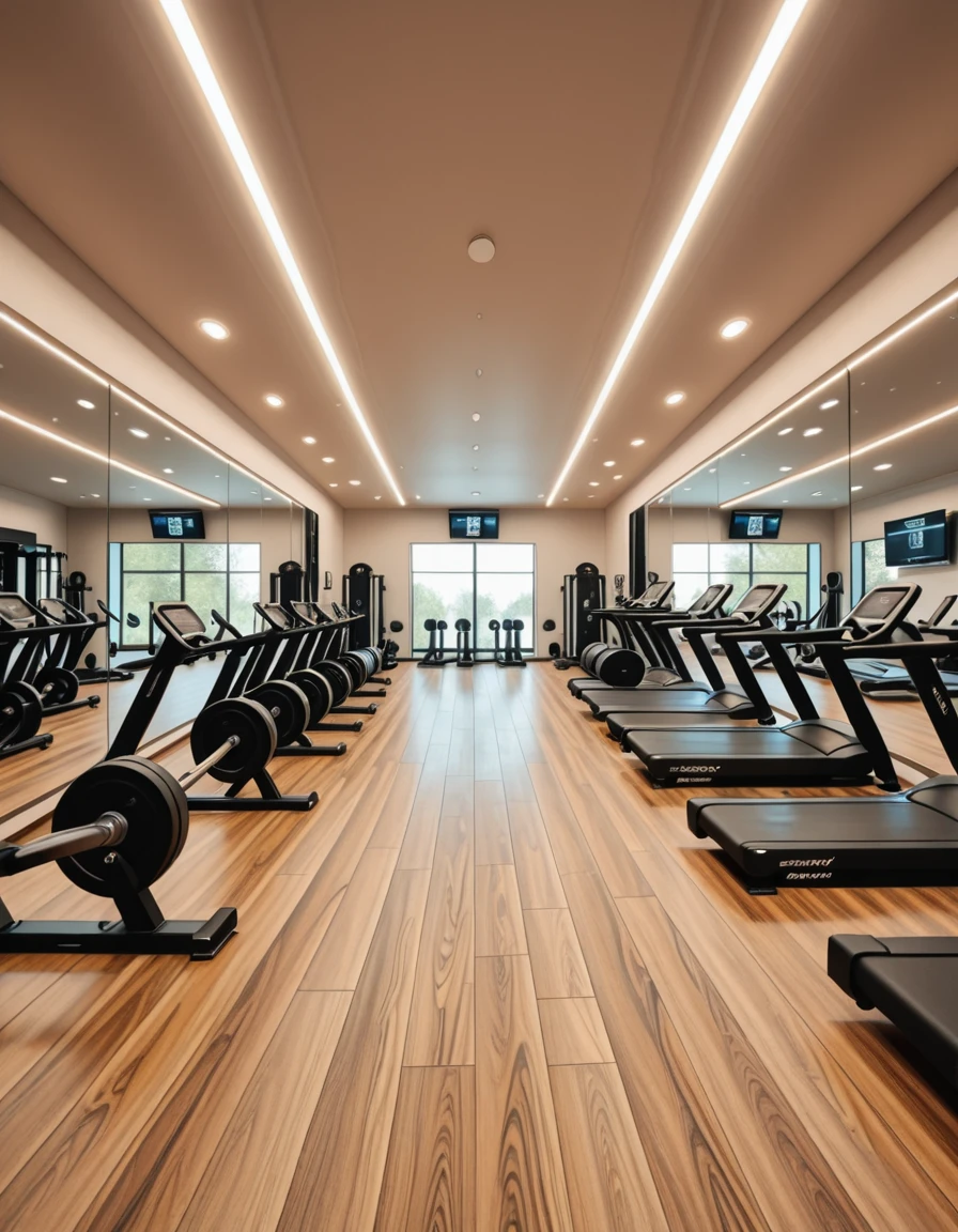 A spacious, modern gym with sleek design and floor-to-ceiling mirrors covering the walls, reflecting the equipment and ambient lighting. The room is filled with high-end fitness machines, free weights neatly arranged on racks, and polished hardwood or rubberized flooring. Bright LED strip lights run along the ceiling, providing crisp illumination that highlights the clean, minimalistic aesthetic. Motivational posters and digital screens display workout stats and routines. The gym is empty, with no people, capturing a calm, ready-for-use atmosphere in perfect symmetry.m0d3rn gym, <lora:m0d3rn_gym-i:1>, Masterpiece,best quality,hi res,8k,hi res,8k,award winning,(sharp focus, intricate, highly detailed),