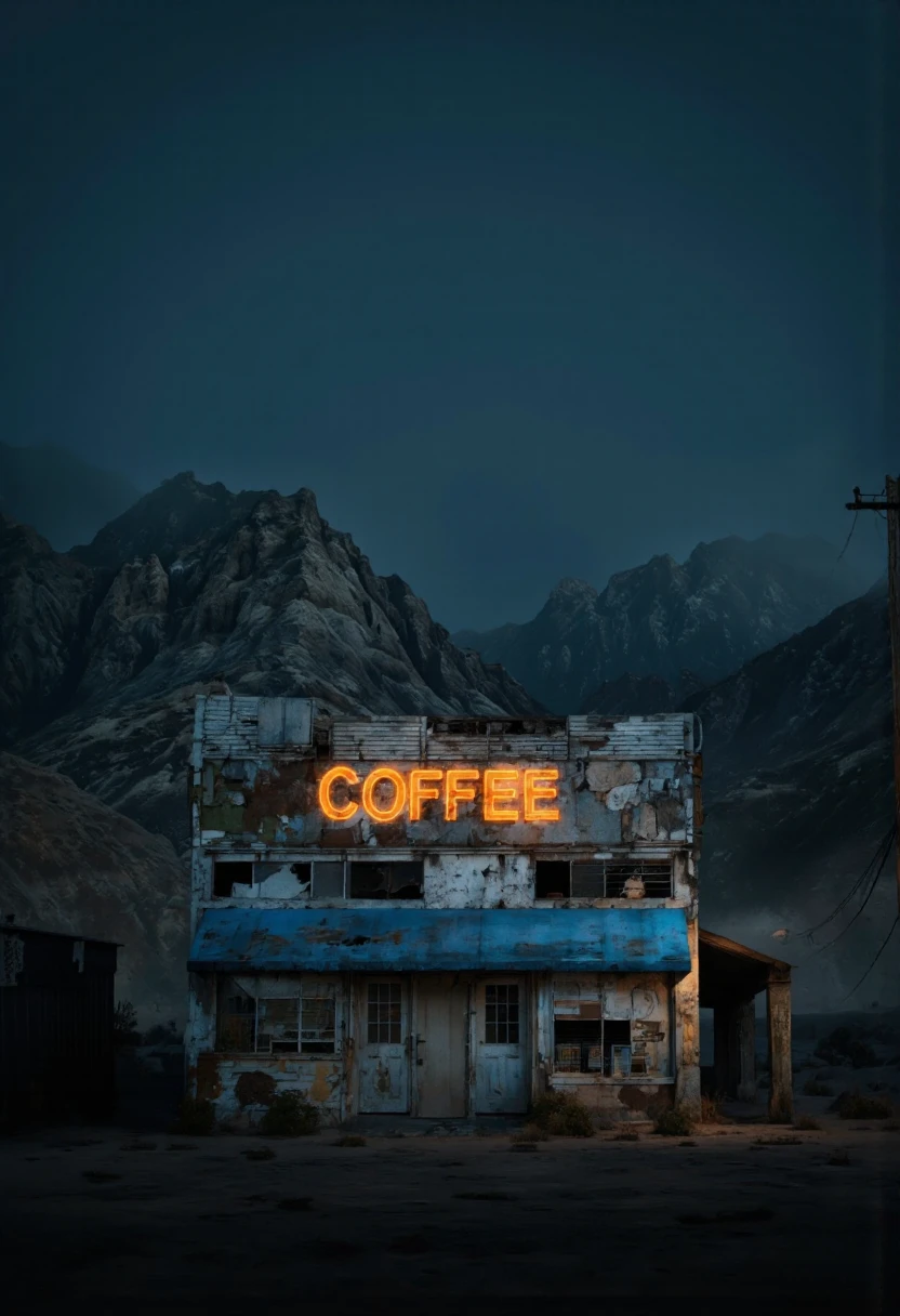 NyxBorne. A photo-realistic shoot from the side about a deserted coffee shop with a glowing orange sign that says "coffee" in the middle of the image, set against a dramatic mountain backdrop. the image also shows a desolate landscape with rocky mountains in the distance and a hazy atmosphere. on the center of the frame, a dilapidated building with a blue awning and a large, glowing orange "COFFEE" sign stands out against the dark blue sky. the building appears to be old and weathered, with peeling paint and broken windows, giving it a rustic and desolate look. the lighting is dim, casting a soft glow on the surrounding mountains, creating a sense of depth and atmosphere. the overall mood is moody and desolate, with a focus on the contrast between the warm colors and the cool tones of the surroundings.