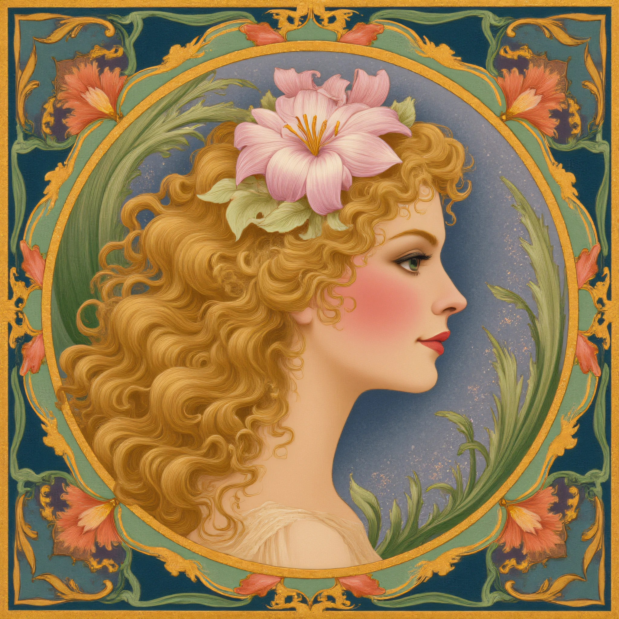 ArsMJStyle, Art Nouveau,, The image shows a painting of a woman with flowers in her hair surrounded by a design of flowers and leaves., 1girl, solo, flower, hair flower, hair ornament, profile, curly hair, long hair, blonde hair, lily (flower)