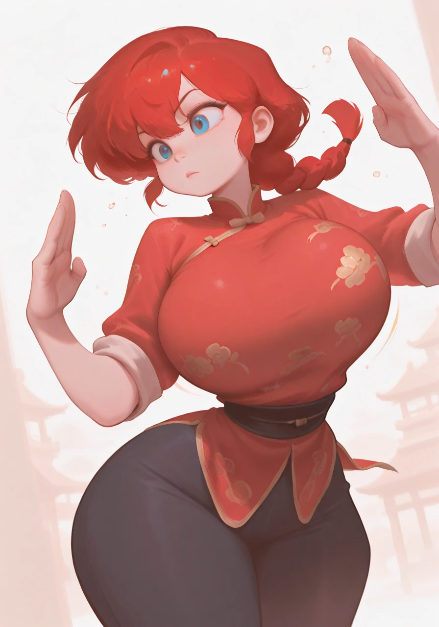 1girl, solo, white background, dynamic pose, action pose, warrior stance, huge breasts, (curvy), Ranma-chan, blue eyes, red hair, single braided hair, chinese clothes, tangzhuan, red shirt, (sleeves rolled up:1.3), black pants, BREAK character_concept, cowboy_shot, (dutch_angle:1.25), masterpiece, best quality, amazing quality, very aesthetic, absurdres, modern, recent, newest, <lora:Nito_IL_Style_epoch_8:1> Nit0