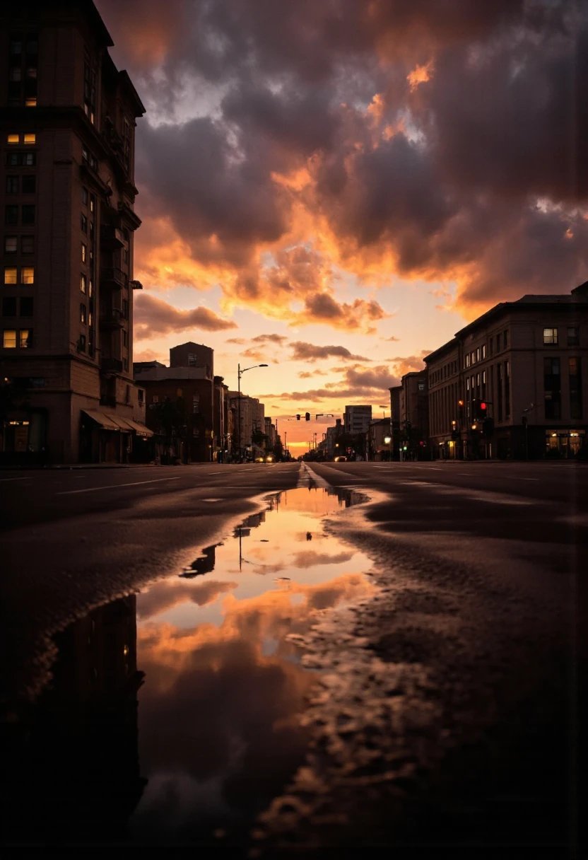 NyxBorne. A photo-realistic shoot from the side about a city street during sunset with a reflective puddle in the foreground. the image also shows buildings on both sides of the road and a traffic light in the distance. on the left side of the image, there are tall buildings with windows lit up, and on the right side, there is a streetlight. the sky is filled with orange and pink hues, with dark clouds scattered throughout, creating a dramatic contrast with the warm colors of the sunset. the puddle is reflecting the warm hues of the sky. the streetlight is casting a warm glow on the wet pavement, adding to the moody atmosphere of the scene. the overall effect is one of tranquility and serenity.