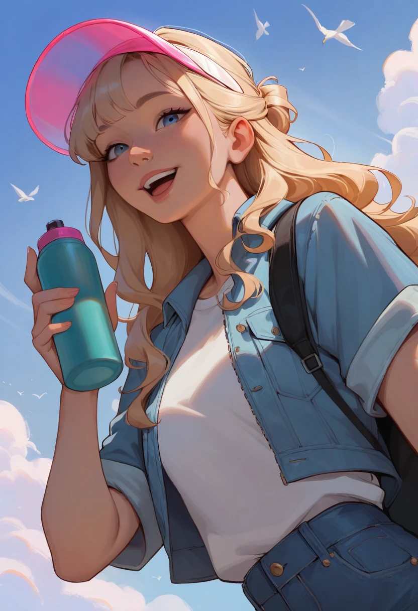 masterpiece, best quality, stylized, realistic, 1girl, solo, blonde hair, wavy hair, half updo, sidelocks, choppy bangs, blue eyes, smile, open mouth, looking at viewer, hand up, holding bottle, aqua thermos, visor cap, pink cap, transparent cap, t-shirt, white shirt, cropped jacket, denim jacket, black backpack, upper body, from below, dutch angle, blue sky, day, cloud, bird