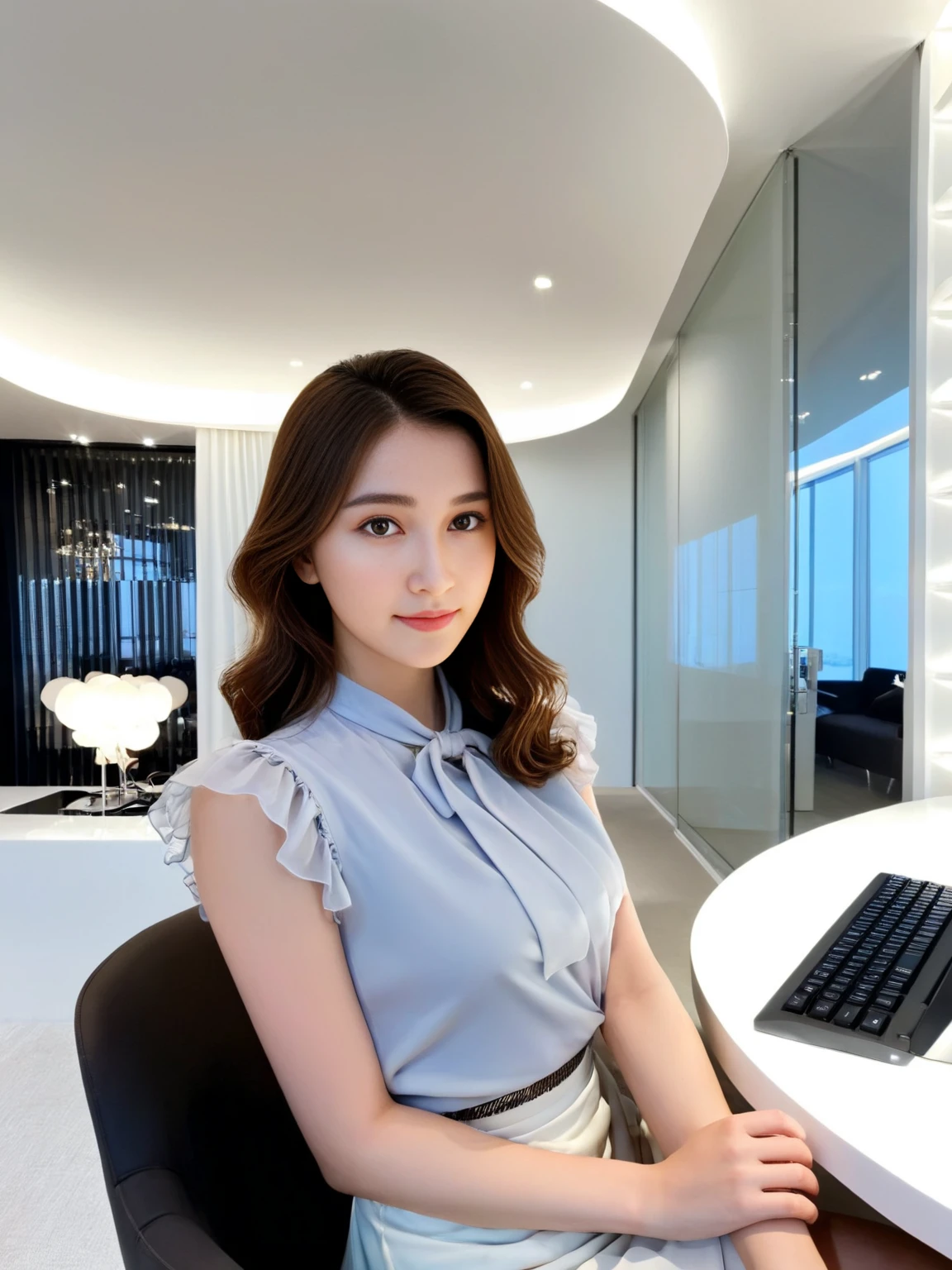 <lora:JJsOffice_Interior_XL:1>, masterpiece , best quality, ((Office)), indoors, window, chair, table, scenery, ceiling, , floor, glass wall, monitor, keyboard, book, flower,dramatic lighting, panel, sofa, screen, lamp, vent,, 1girl, face, look at viewer, selfi, solo, skirt, semi full body,, closeup portrait photography, beautiful eyes, capturing emotion, personality, flattering lighting, professional, engaging, compelling composition