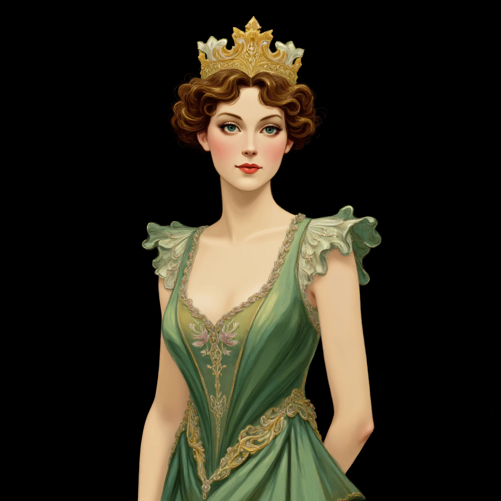 ArsMJStyle, Art Nouveau,, The image shows a woman wearing a green dress with a crown on her head standing against a black background. Her face is clearly visible with her eyes looking directly at the viewer. Her hair is pulled back in a neat bun and her lips are slightly parted. She has a gentle expression on her face and she is wearing a delicate necklace around her neck., 1girl, breasts, cleavage, dress, brown hair, realistic, short hair, looking at viewer, green dress, lipstick