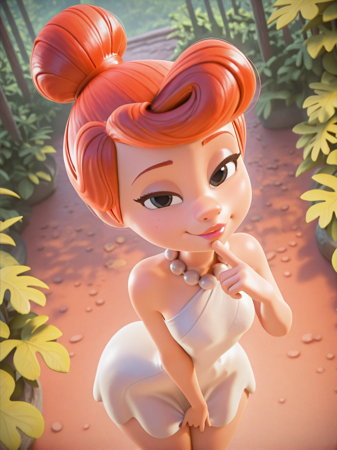 highres, hi res, best quality, masterpiece,
1girl, (WilmaXL:1), orange hair, hair bun, black eyes, dot eyes, necklace, single bare shoulders, white dress, makeup, parted lips, jewelry, pearl necklace,
naughty face, dutch angle, naughty pose, looking at viewer, one hand grabbing dress, one finger on lips, leaning forward, from above, one hand on lips, solo, dynamic pose, cowboy shot, head tilt, sexually suggestive, vegetation, outdoors, rocks, closed mouth,
<lora:AWilmaFlintstone_character-12:0.75>, narrow waist, wide hips,, <lora:DisneyStudios_style-12IL:1>, DisneyStudioXL,,, cartoon, cinematic,,3d,