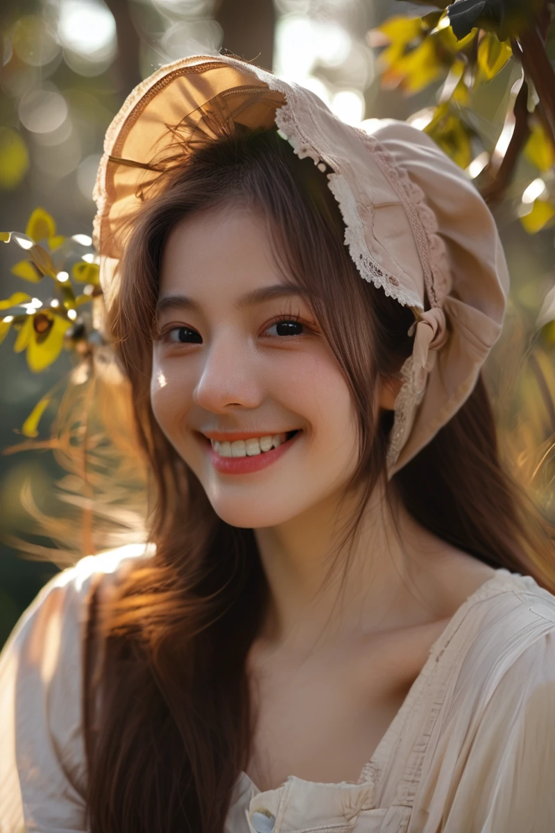 1girl,realistic,solo,bonnet,photorealistic,long hair,smile,teeth,brown hair,outdoors,portrait,grin,blurry,sunlight,black eyes,score_9,score_8_up,score_7_up,<lora:pony4-000003:0.8>,