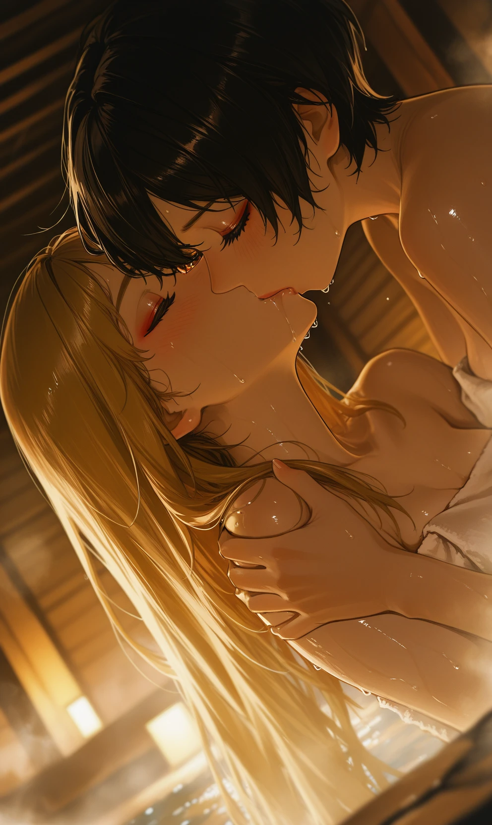 masterpiece, super fine illustration, best quality, light particles, ultra-detailed, 8K wallpaper, (bright colors:1.2), young girls, large , (blonde hair), long hair, shiny hair, shiny skin, oily skin, navel, (beautiful green eyes, shiny eyes), orgasm blush cheeks, (take a bubble bath:1.3), sweat, steam, (intense Sex:1.6), (cuut), nsfw, v),(large amount of bubbles), miku,nude,kiss,(motion l, motion blur:1.3), close-up body,vaginal, sex, french kiss, 1girlug, arms around neck, (1boy), sex, (hetero),