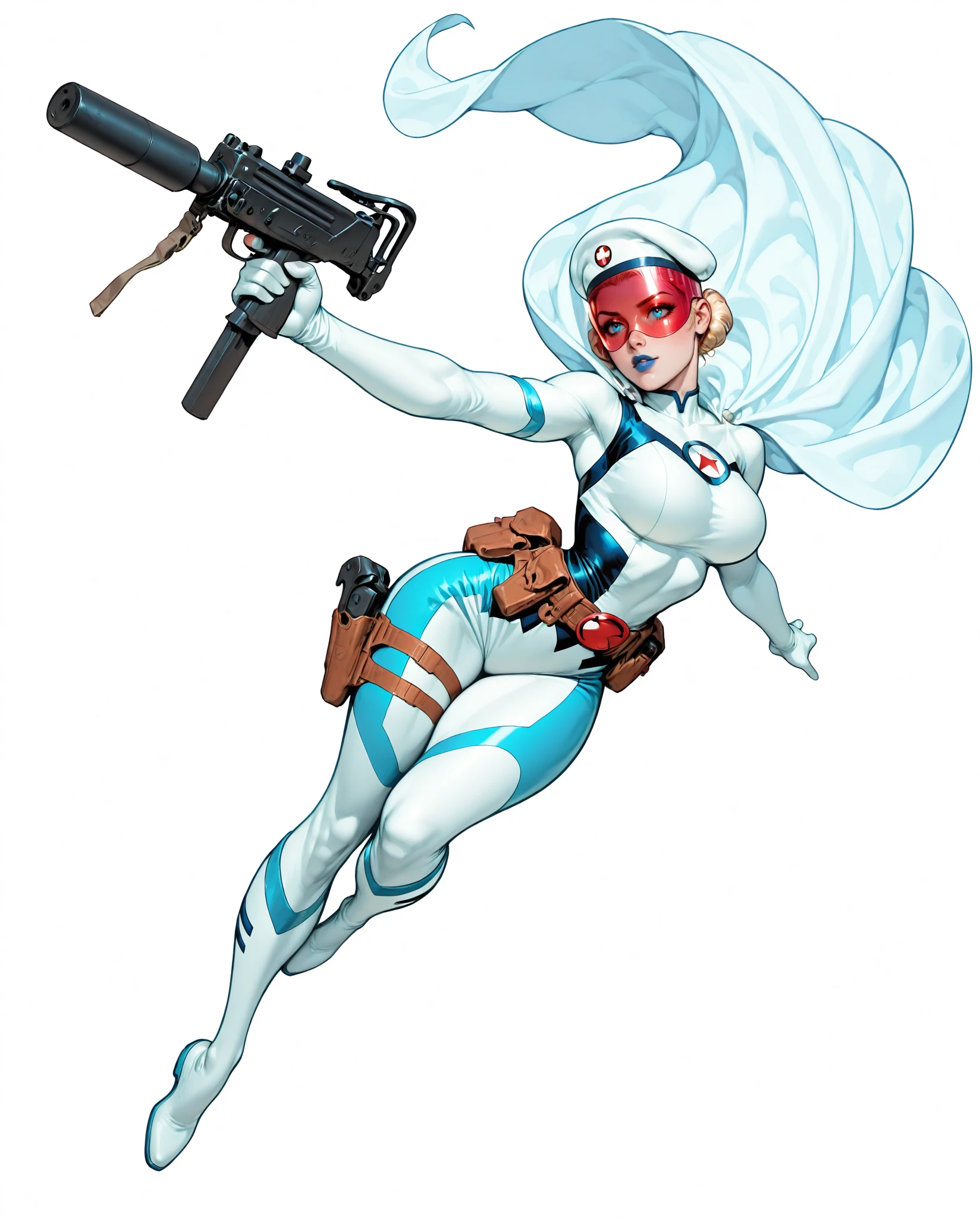 solo, (full body shot, wide shot:1.2), 1girl, (30 year old Russian woman:1.2), beautiful female cyborg spy, fair skin, (white with light blue accents superhero bodysuit with armor padding:1.3), white body armor vest, thigh pistol holsters, white cloak, white military beret, cyborg, cybernetic seams, utility belt, blue eyes, epic red visor, long blonde hair, hair bun, white arm length gloves, slim waist, (toned body:1.1), (large breasts:1.2), wide hips, ultra detailed face, (blue lips:1.2), confident closed mouth smile, strong jaw line, white thigh high superhero boots, (shooting a mac-10 machine pistol with a suppressor:1.2), white background, (dynamic pose, dynamic composition, dynamic angle:1.2), digital painting, masterpiece, best quality, very awa, absurdres, 8k, comic art style, detailed,
ArsMJStyle, Colored pencil hyperdetailed realism, masterpiece, very aesthetic, G0thicL1nes, C0M1C5 Style, c0m1c5 style, (borderless), cgstyle, SUP3RH3R0 Style, sup3rh3r0 style, comic art style, C0M1C5 Style, c0m1c5 style, SMG-0
