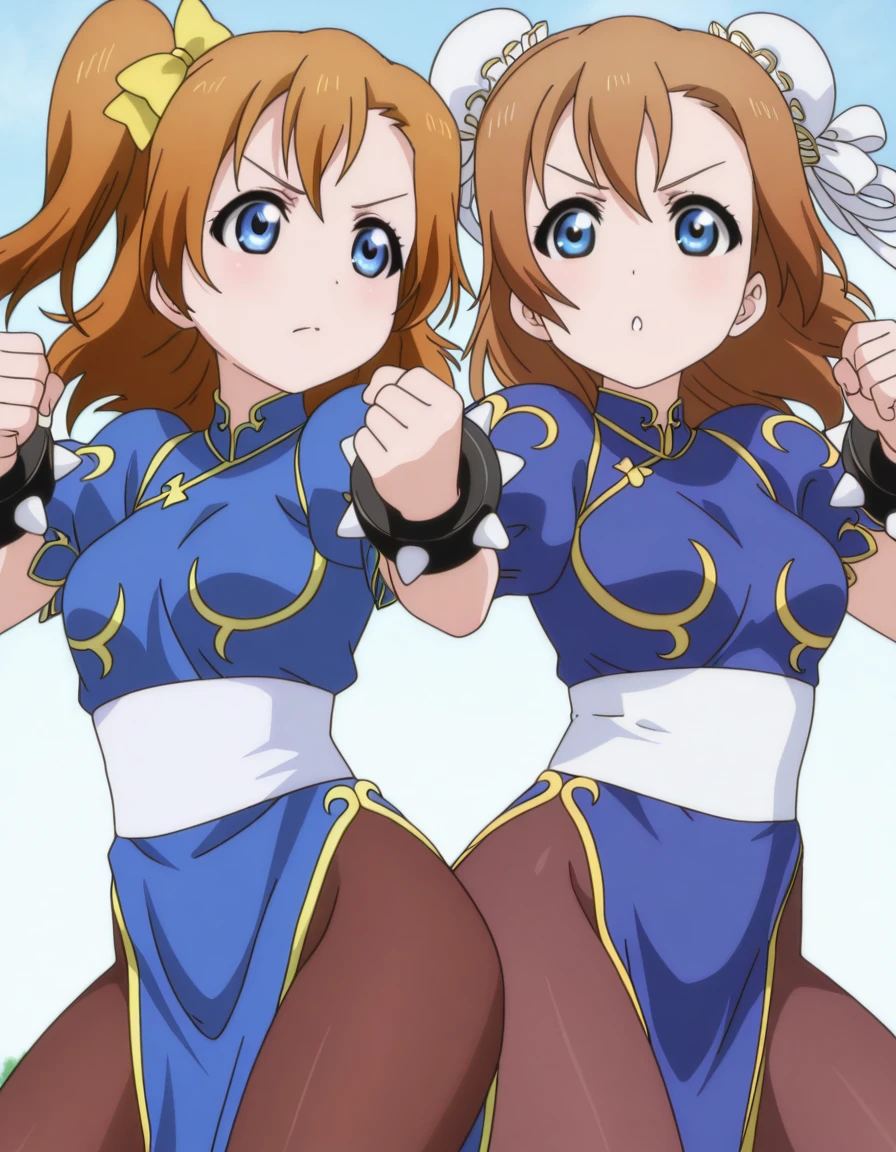 masterpiece, best quality, amazing quality,, <lora:honoka-kousaka-s1-illustriousxl-lora-nochekaiser:1>, honoka kousaka, kosaka honoka, blue eyes, brown hair, hair bow, orange hair, one side up, short hair, yellow bow, mature female, medium breasts, anime screencap, <lora:chun-li-cosplay-illustriousxl-lora-nochekaiser:1>, chun-li cosplay, chun-li (cosplay), blue dress, bracelet, brown pantyhose, china dress, chinese clothes, dress, gold trim, jewelry, pantyhose, pelvic curtain, puffy sleeves, sash, short sleeves, side slit, spiked bracelet, spikes,, <lora:dynamic-pose-illustriousxl-lora-nochekaiser:1>, dynamic pose, fighting stance, cowboy shot, ,