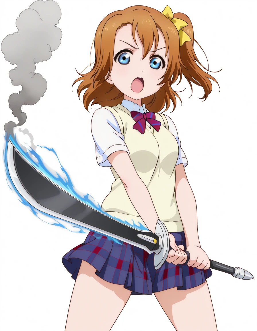 masterpiece, best quality, amazing quality,, <lora:honoka-kousaka-s1-illustriousxl-lora-nochekaiser:1>, honoka kousaka, kosaka honoka, blue eyes, brown hair, hair bow, orange hair, one side up, short hair, yellow bow, mature female, medium breasts, anime screencap, skirt, bow, plaid, plaid skirt, sweater vest, summer uniform, blue skirt, <lora:sunrise-stance-illustriousxl-lora-nochekaiser:1>, sunrise stance, weapon, sword, solo, open mouth, holding weapon, holding, holding sword,, power plant, machinery, smoke, energy, workers, cowboy shot, solo, looking at viewer, <lora:transparent-background-illustriousxl-lora-nochekaiser:1>, transparent background, simple background, white background