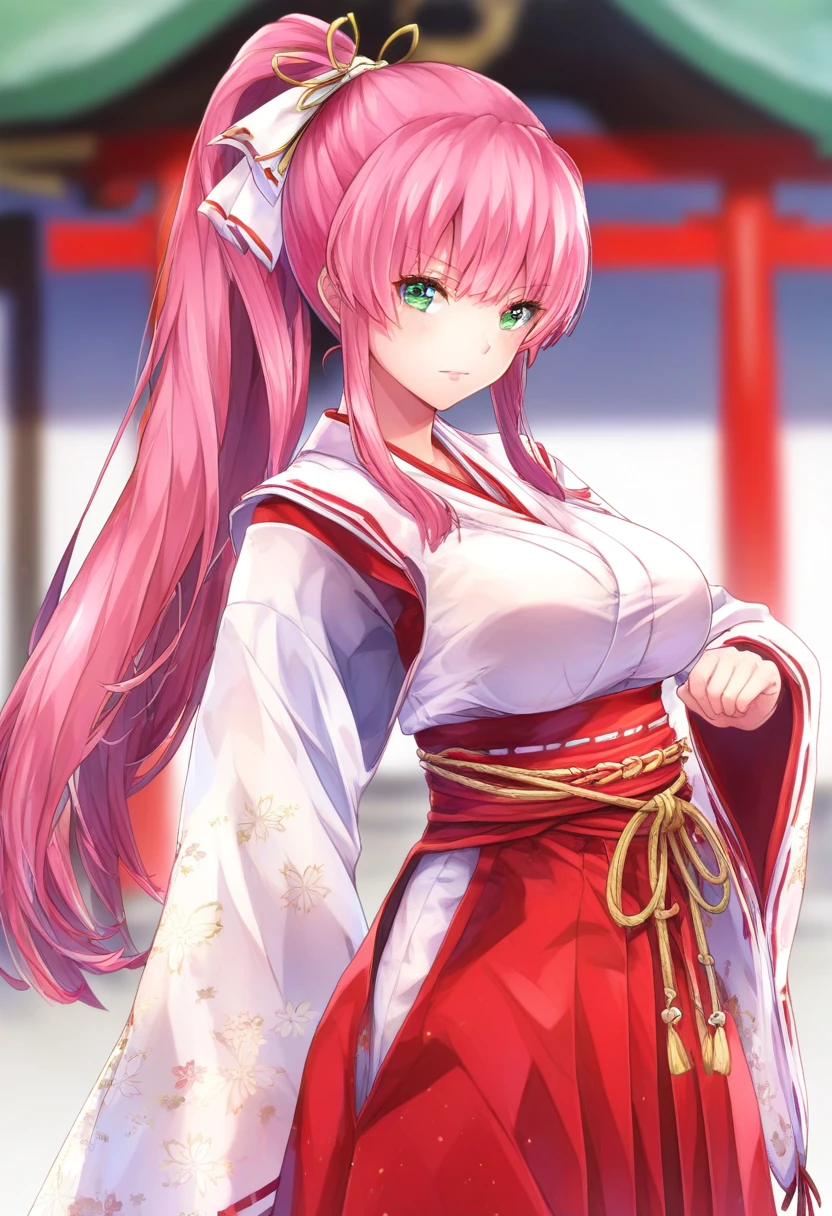 best quality, highres,
cowboy shot,
(best quality), finely detail, at temple
1girl, looking at viewer, right hand to viewer
super long hair, hair ribbon, pink hair, ponytail, ribbon, bangs, green eyes, large breasts
kimono, miko,
mgmaikw, , <lora:aikawamegumi_IL_XL_V1:1>