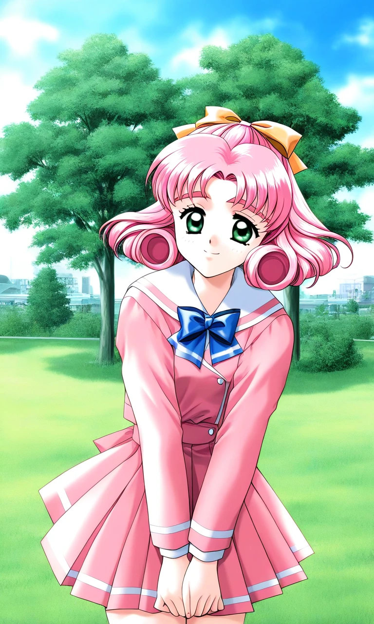 general,highres, ultra-detailed,very aesthetic,best quality ,best hands, BREAK <lora:Minagawa_Nana_kakyuusei_Ver2.0_IS:1>
Minagawa_Nana(kakyuusei), 1girl, solo, pink hair, short hair, hair bow, ribbon, green eyes, curly hair,
school uniform, long sleeves, bangs, pink skirt, pink jacket, pleated skirt, blue bow, white shirt,
smile, v arms, cowboy_Shot,
grass, tree, sky, day,