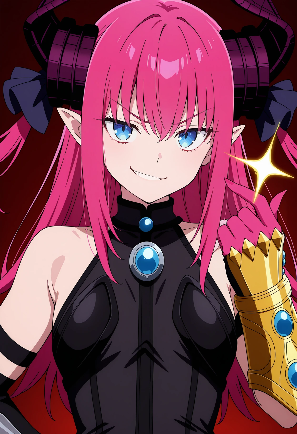 anime screencap, anime coloring, 1girl, solo, asymmetrical horns, blue eyes, long hair, pink hair, pointy ears, pink claws, dragon tail, cosplay, upper body, thanos, smirk, snapping fingers, infinity gauntlet, looking at viewer, simple background, single gauntlet <lora:Liz_illus:1>, masterpiece, best quality, amazing quality, very aesthetic, absurdres, highres, newest