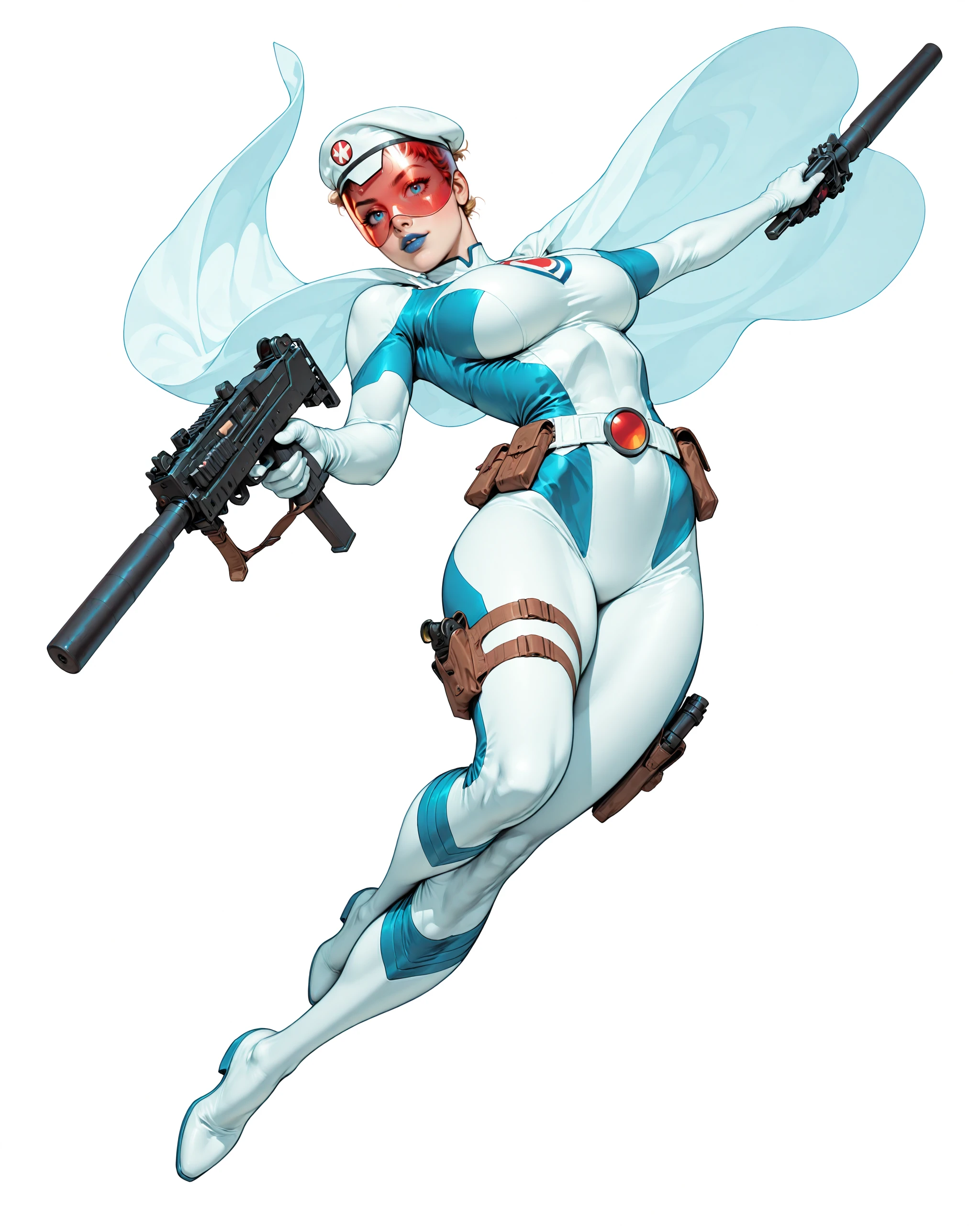 solo, (full body shot, wide shot:1.2), 1girl, (30 year old Russian woman:1.2), beautiful female cyborg spy, fair skin, (white with light blue accents superhero bodysuit with armor padding:1.3), white body armor vest, thigh pistol holsters, white cloak, white military beret, cyborg, cybernetic seams, utility belt, blue eyes, epic red visor, long blonde hair, hair bun, white arm length gloves, slim waist, (toned body:1.1), (large breasts:1.2), wide hips, ultra detailed face, (blue lips:1.2), confident closed mouth smile, strong jaw line, white thigh high superhero boots, (shooting a mac-10 machine pistol with a suppressor:1.2), white background, (dynamic pose, dynamic composition, dynamic angle:1.2), digital painting, masterpiece, best quality, very awa, absurdres, 8k, comic art style, detailed,
ArsMJStyle, Colored pencil hyperdetailed realism, masterpiece, very aesthetic, G0thicL1nes, C0M1C5 Style, c0m1c5 style, (borderless), cgstyle, SUP3RH3R0 Style, sup3rh3r0 style, comic art style, C0M1C5 Style, c0m1c5 style, SMG-0