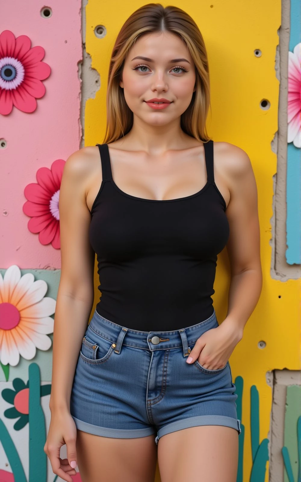 sharp image, 4k, standing young woman, multicolored wall on background, black eyeliner, eyeshadows, long eyelashes, full body, black tank top, short jean pants, smile, thighs, happy pose, <lora:Woomy_6_Flux:1.2> dark eyes, red lips, plump lips, blond, ponytail,
