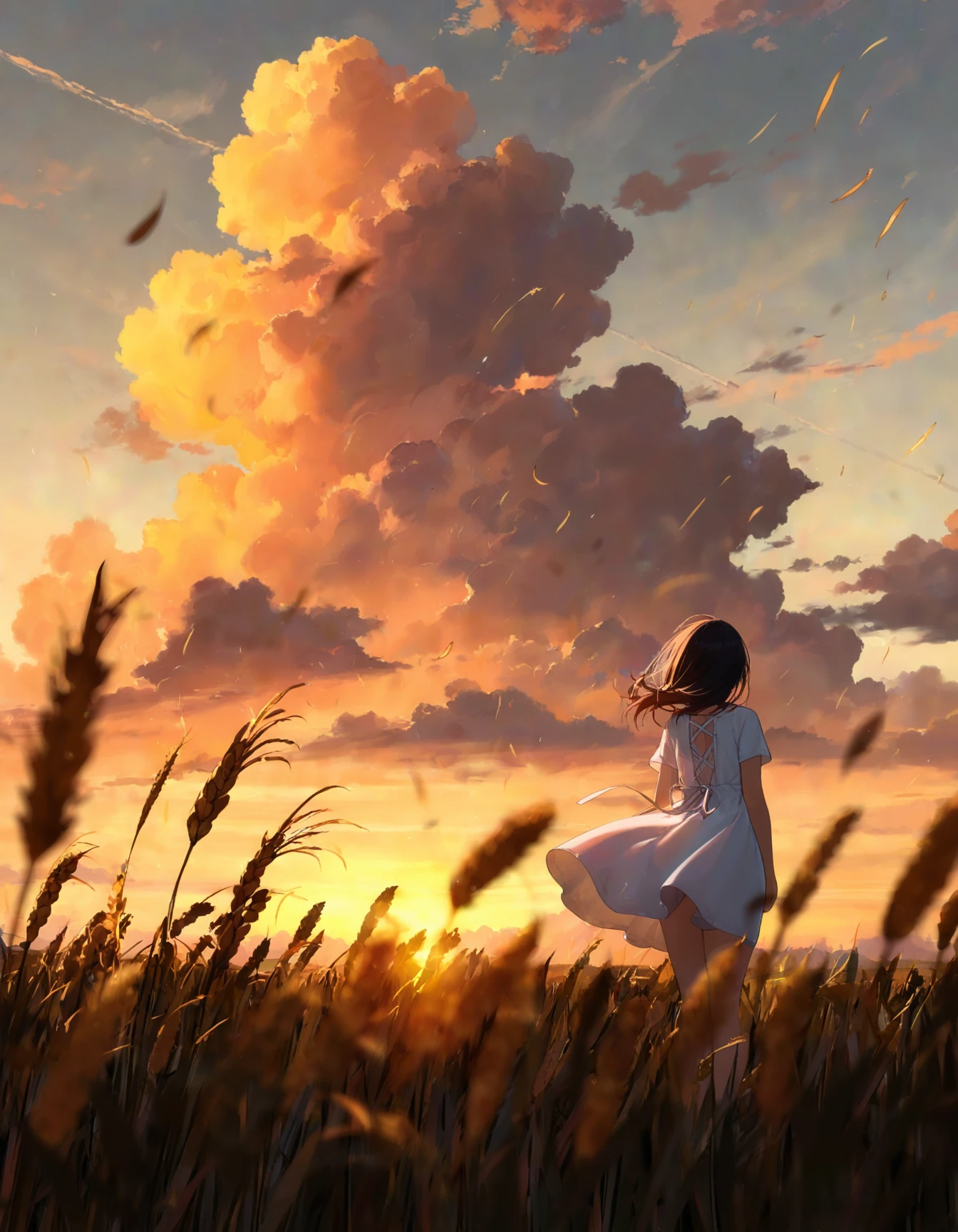 white laced cottagecore short dress, cleveage, wind, corn field, wheat field, sunset, golden hour, clouds, blurred foreground, ((masterpiece)), (best quality), (extreme detail), perfect body, solo, 1girl,