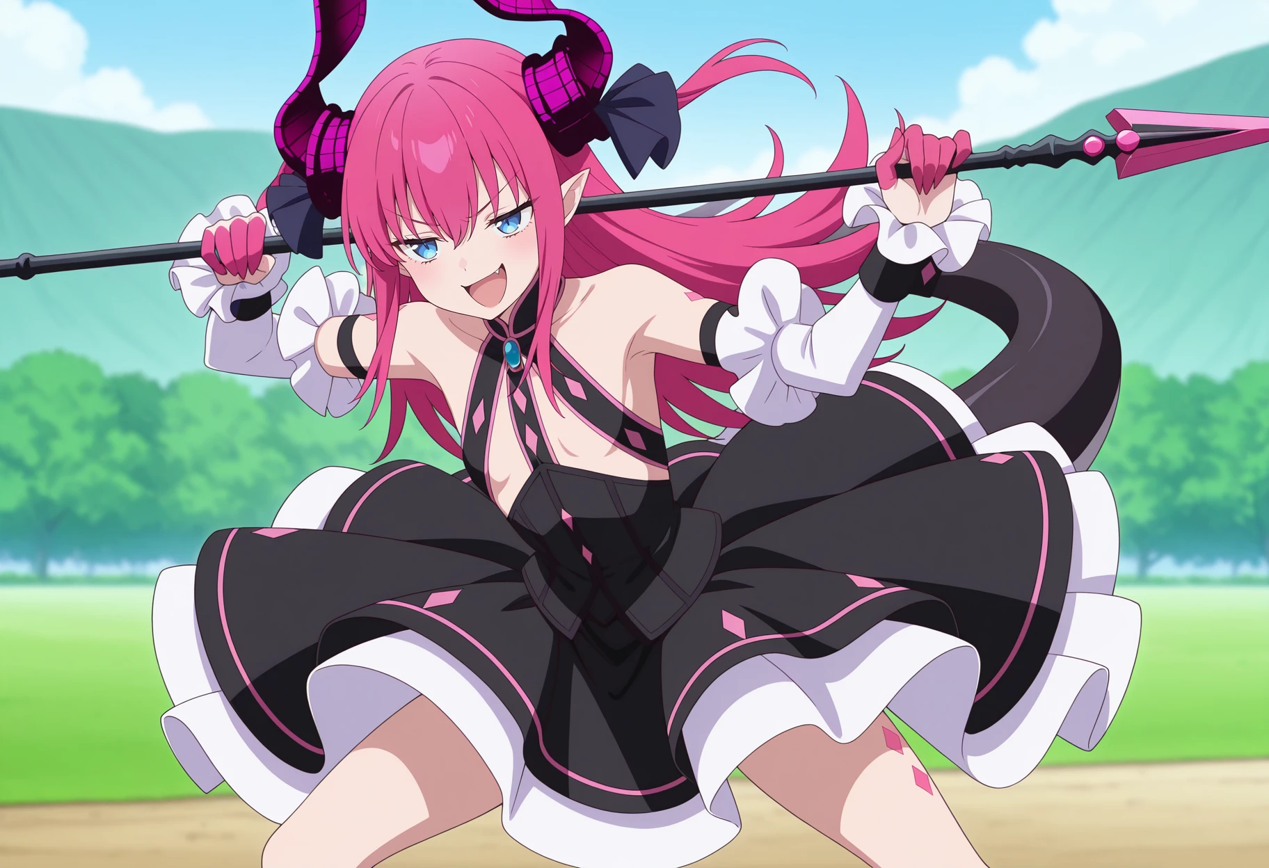anime screencap, anime coloring, 1girl, asymmetrical horns, blue eyes, long hair, pink hair, pointy ears, pink claws, dragon tail, corset, strap, clothing cutout, black skirt, frills, detached sleeves, thigh markings, smug, outdoors, fighting stance, open mouth, holding spear<lora:Liz_illus:1>, masterpiece, best quality, amazing quality, very aesthetic, absurdres, highres, newest