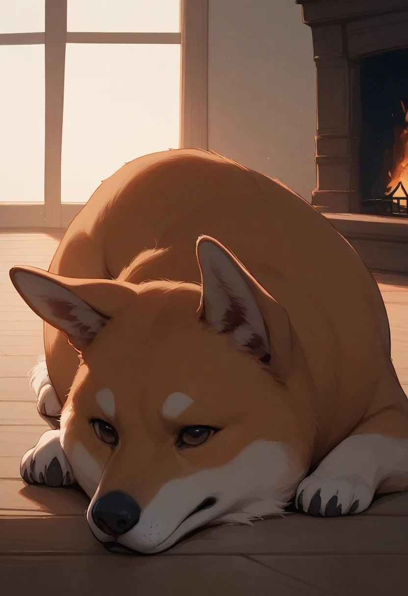 masterpiece, best quality, stylized, no humans, dog, animal focus, shiba inu, on stomach, wooden floor, fireplace, indoors, backlighting