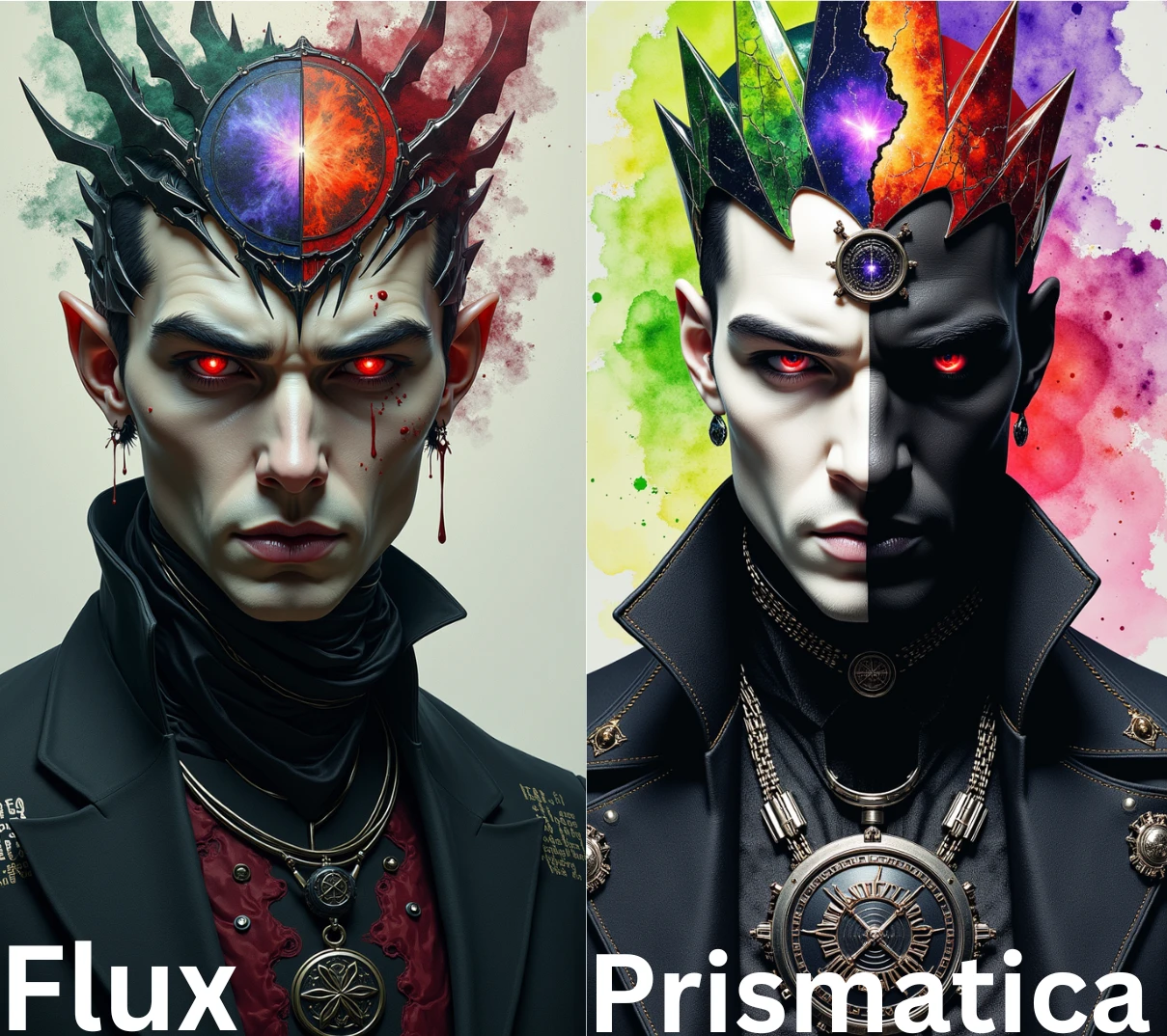 A sinister male figure stares forward from the canvas, his expression cold and calculated, his features both photorealistic and grotesquely stylized. His eyes are twin nebulae—one a smoldering red with glitching static flares, the other pitch-black with a pulsing violet iris like a dying star. Jagged cybernetic implants arc along his temples and jawline, fused into pale, marble-smooth skin marbled with metallic veins. His lips curl into a slight, knowing sneer, and a crown of fractured glass hovers above his head—each shard etched with corrupted data runes glowing in shifting hues of acid green and blood orange. He wears a sleek, dark coat of textured nanoweave that ripples like liquid shadow, adorned with surreal symbols that flicker in and out of focus. The background swirls with broken code, oil-smoke clouds, and smudged watercolor blood—an eerie, majestic digital void where light bends unnaturally around his presence. He is control, decay, and malevolence—made manifest through the dark elegance of Prismatica.