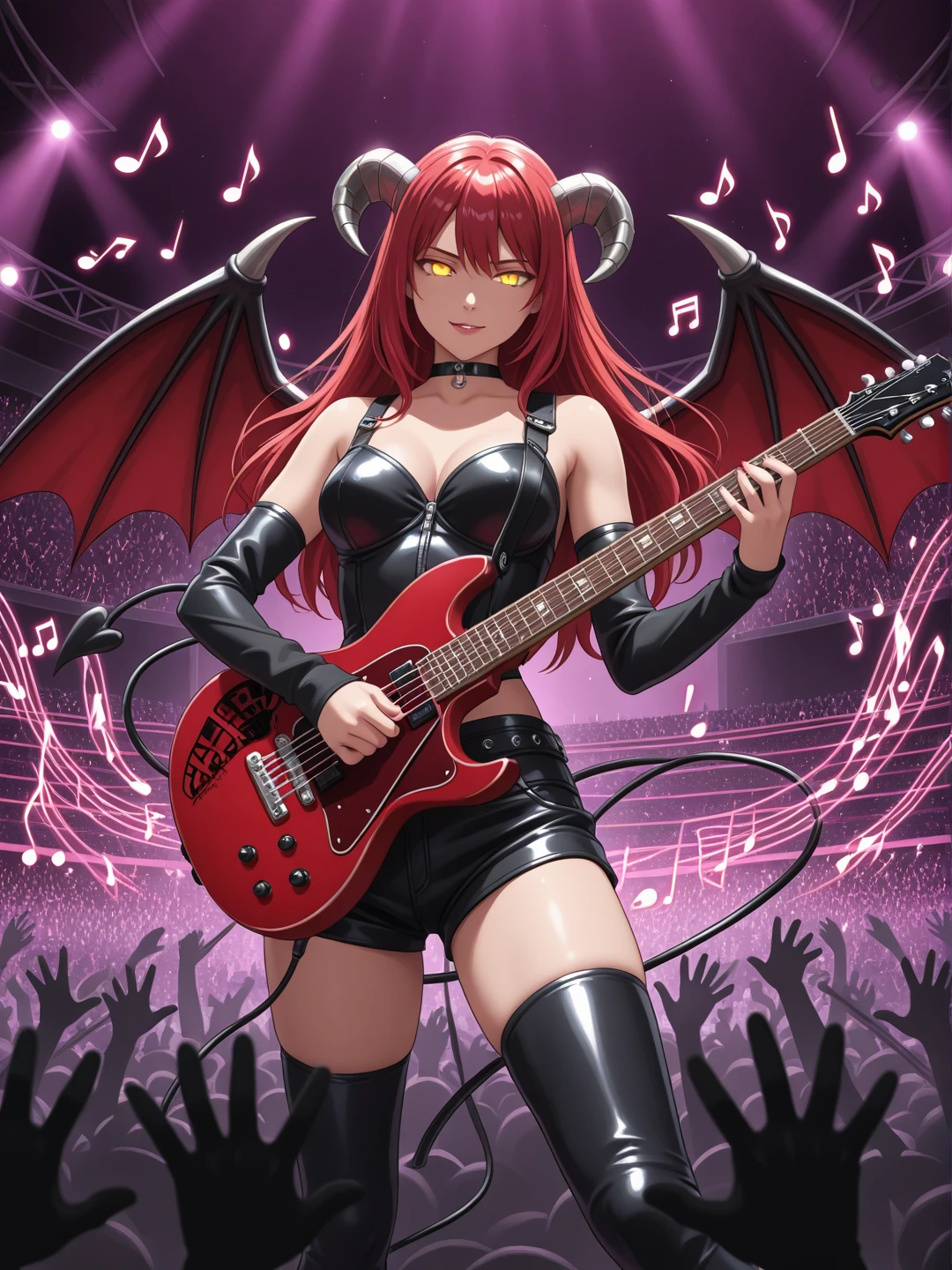 1girl, succubus, red hair, glowing yellow eyes, wings, thigh highs, arm warmers, choker, electric_guitar_solo, heavy-metal, playing guitar, concert, stage, ((musical notes, music effects)), vibrations, intense, facing viewer, silhouette_crowd, official_art, anime_screenshot