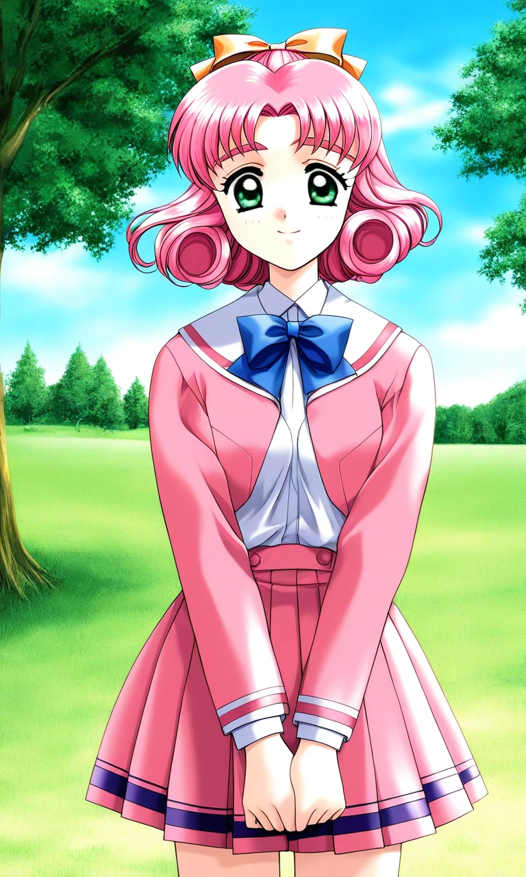 general,highres, ultra-detailed,very aesthetic,best quality ,best hands, BREAK <lora:Minagawa_Nana_kakyuusei_Ver2.0_IS:1>
Minagawa_Nana(kakyuusei), 1girl, solo, pink hair, short hair, hair bow, ribbon, green eyes, curly hair,
school uniform, long sleeves, bangs, pink skirt, pink jacket, pleated skirt, blue bow, white shirt,
smile, v arms, cowboy_Shot,
grass, tree, sky, day,