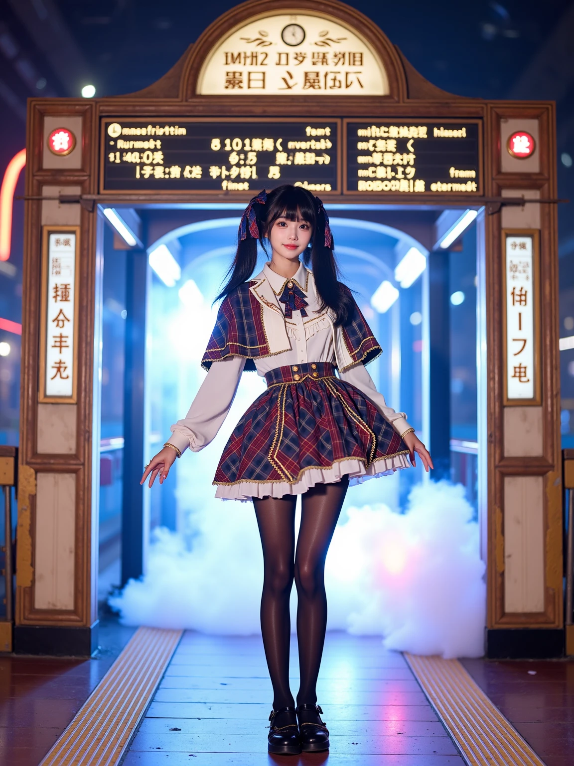 A realistic photo of a slim beautiful woman in idol outfit. She is also wearing black pantyhose and black mary janes. She has long black straight with twintails and hair ribbon. She is looking at viewer and smiling. The background is a dynamic stage mimicking a retro-futuristic subway station, with glowing timetable boards flashing song lyrics in katakana. Platform edges feature running light effects mimicking speeding trains, while overhead arches display changing destination signs like "IDOL DREAM EXPRESS". Explosive pyro effects burst from vintage ticket gates during transitions, and backup dancers emerge from fog-filled train doors with prismatic light leaks.