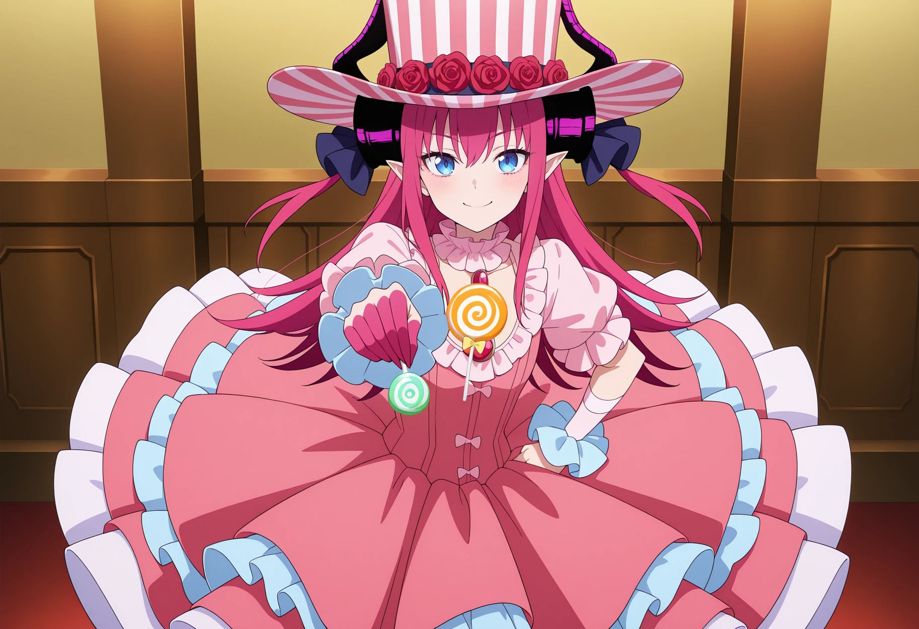 anime screencap, anime coloring, 1girl, 1girl, asymmetrical horns, blue eyes, long hair, pink hair, pointy ears, pink claws, dragon tail, short dress, pink dress, rose, striped hat, top hat, too many frills, holding lollipo, swirl lollipop, offering to viewer, smile, indoors <lora:Liz_illus:1>, masterpiece, best quality, amazing quality, very aesthetic, absurdres, highres, newest