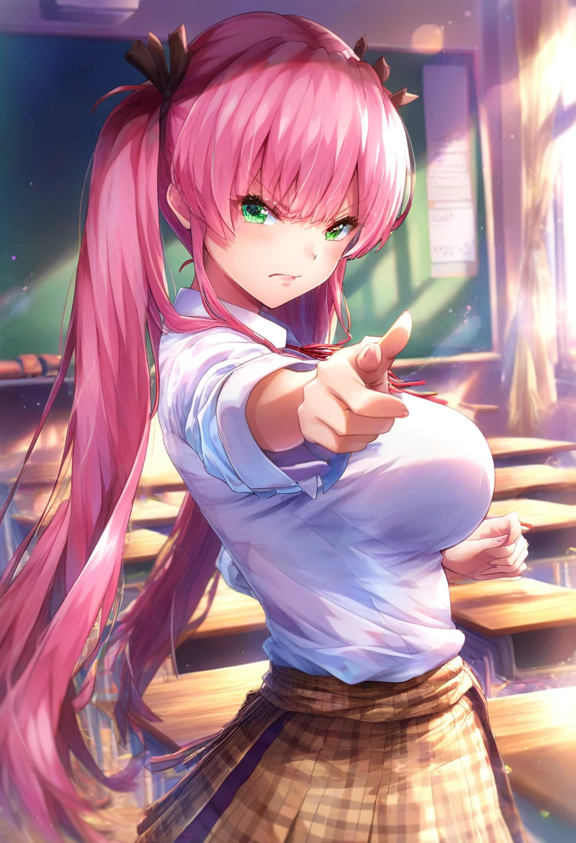 best quality,  highres,
upper body,
(best quality), finely detail, in classroom, (pointing at viewer:1.5)
1anger girl,
super long hair, hair ribbon, pink hair, twintails, ribbon, bangs, green eyes, large breasts
white shirt, pleated skirt, plaid skirt, brown mini skirt,
mgmaikw, , <lora:aikawamegumi_IL_XL_V1:1>
