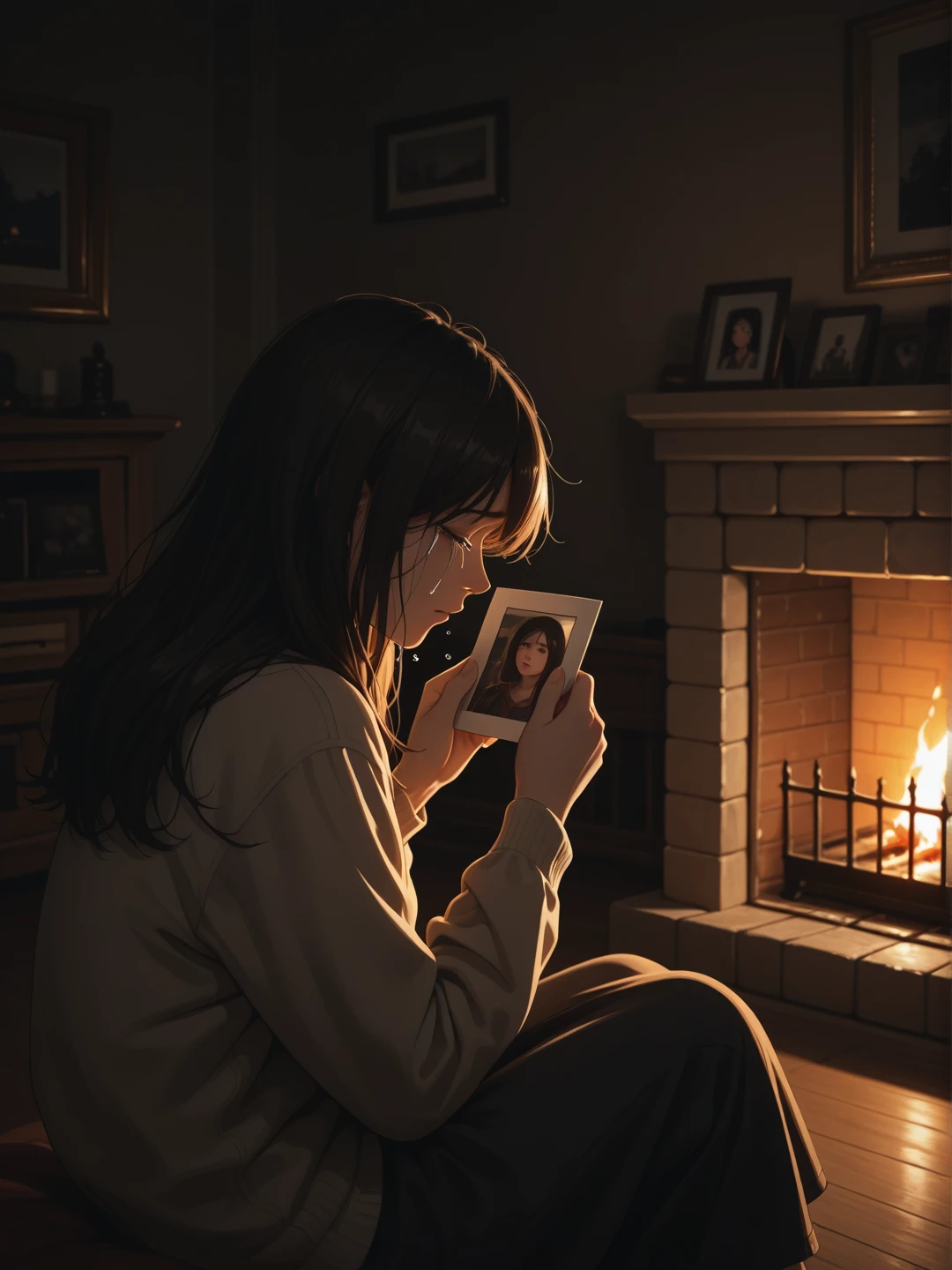 1girl, holding photo, single_tear, sad, fireplace, indoors, dark room