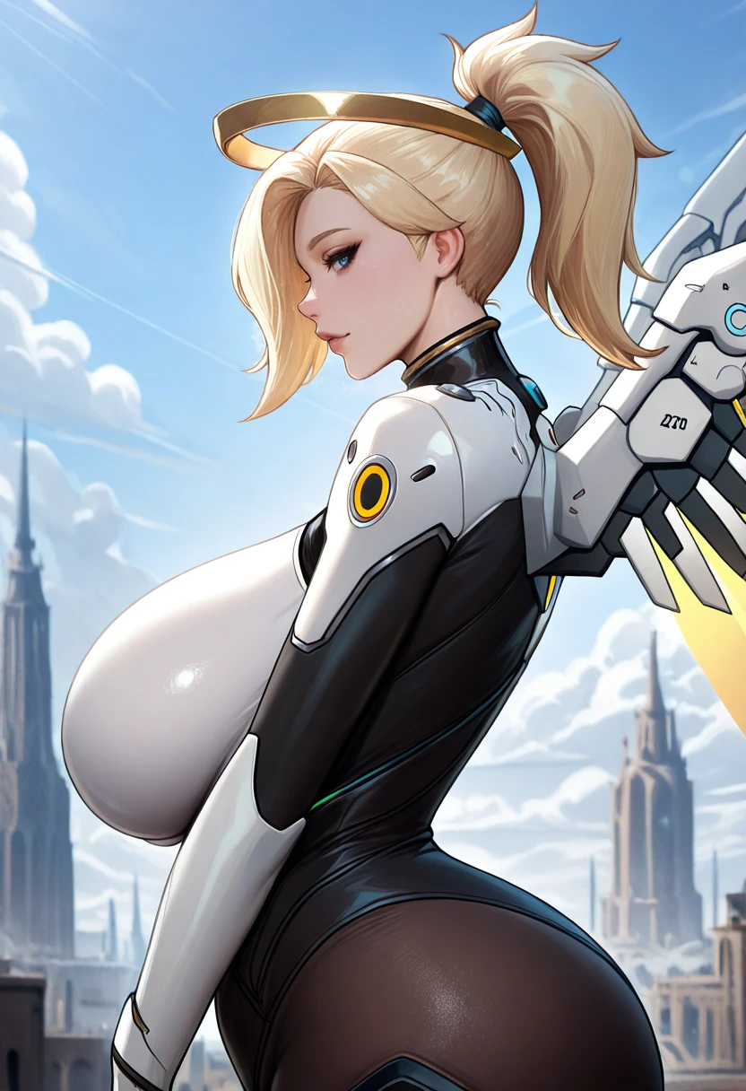 Overwatch, Mercy, 1 girl, ((bimbo))), long blond hair, blue eyes, thick lips, erotic smile face, wide hips, thick thighs, thick, huge breast, huge round ass, oily shiny skin, white suit, cleavage, legs posing,