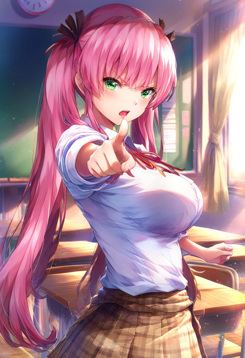 best quality, highres,
upper body,
(best quality), finely detail, in classroom, (pointing at viewer:1.5)
1anger girl,
super long hair, hair ribbon, pink hair, twintails, ribbon, bangs, green eyes, large breasts
white shirt, pleated skirt, plaid skirt, brown mini skirt,
mgmaikw, , <lora:aikawamegumi_IL_XL_V1:1>
