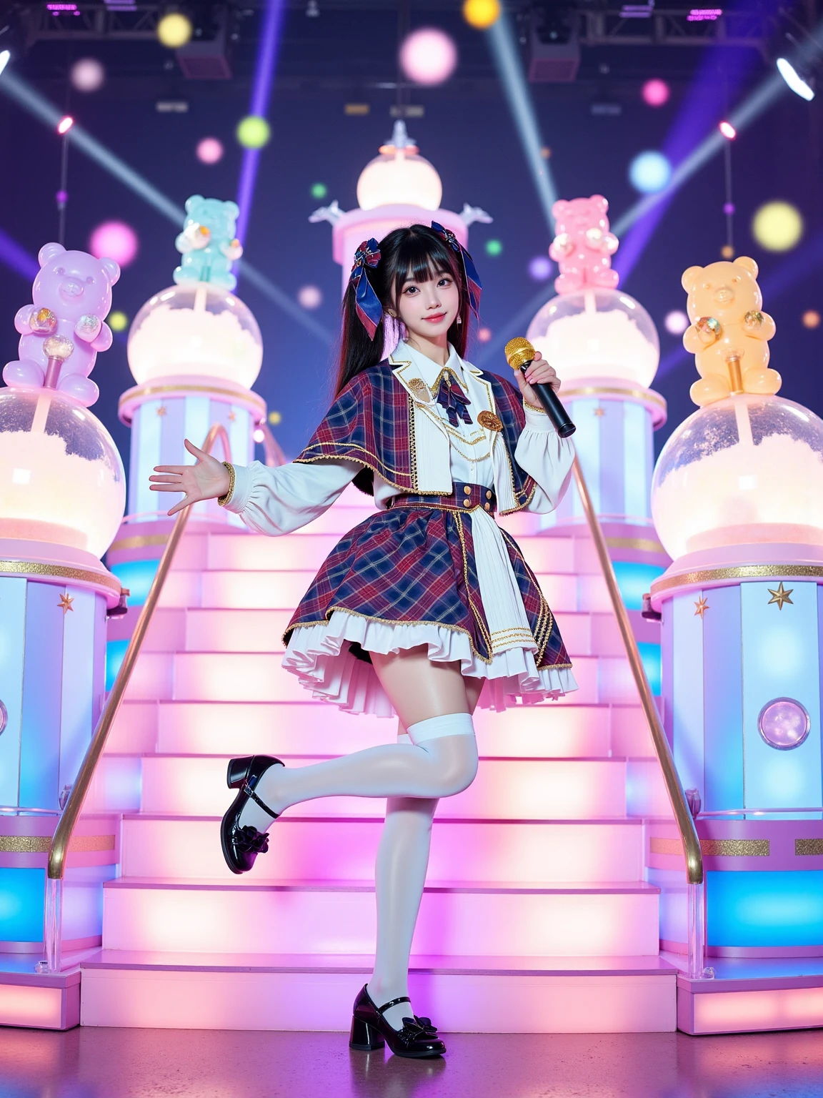 A realistic photo of a slim beautiful woman in idol outfit. She is also wearing white thighhighs and black mary janes. She has long black straight with twintails and hair ribbon. She is holding a microphone and standing on one leg. She is looking at viewer and smile. The background is a giant rotating carousel stage with pastel cotton candy machines spewing rainbow-colored fog. Transparent acrylic stairs light up with footsteps, leading to a central platform where giant lollipops sprout laser-beam microphones. Overhead, a constellation of floating gummy bear-shaped spotlights change colors, while the stage floor dissolves into animated soda bubbles during dance breaks.