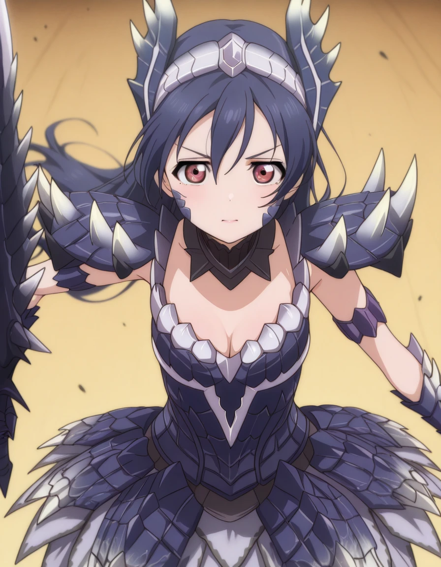 masterpiece, best quality, amazing quality,, <lora:umi-sonoda-s1-illustriousxl-lora-nochekaiser:1>, umi sonoda, sonoda umi, long hair, bangs, hair between eyes, brown eyes, blue hair, mature female, small breasts, anime screencap, <lora:alatreon-armor-illustriousxl-lora-nochekaiser:1>, alatreon armor, alatreon (armor), armlet, armor, cleavage, jewelry, pauldrons, shoulder armor, scales, spiky armor, skirt, armored dress, headwear, headgear, detached collar, spikes,, <lora:dynamic-pose-illustriousxl-lora-nochekaiser:1>, dynamic pose, holding weapon, weapon, holding, cowboy shot, ,